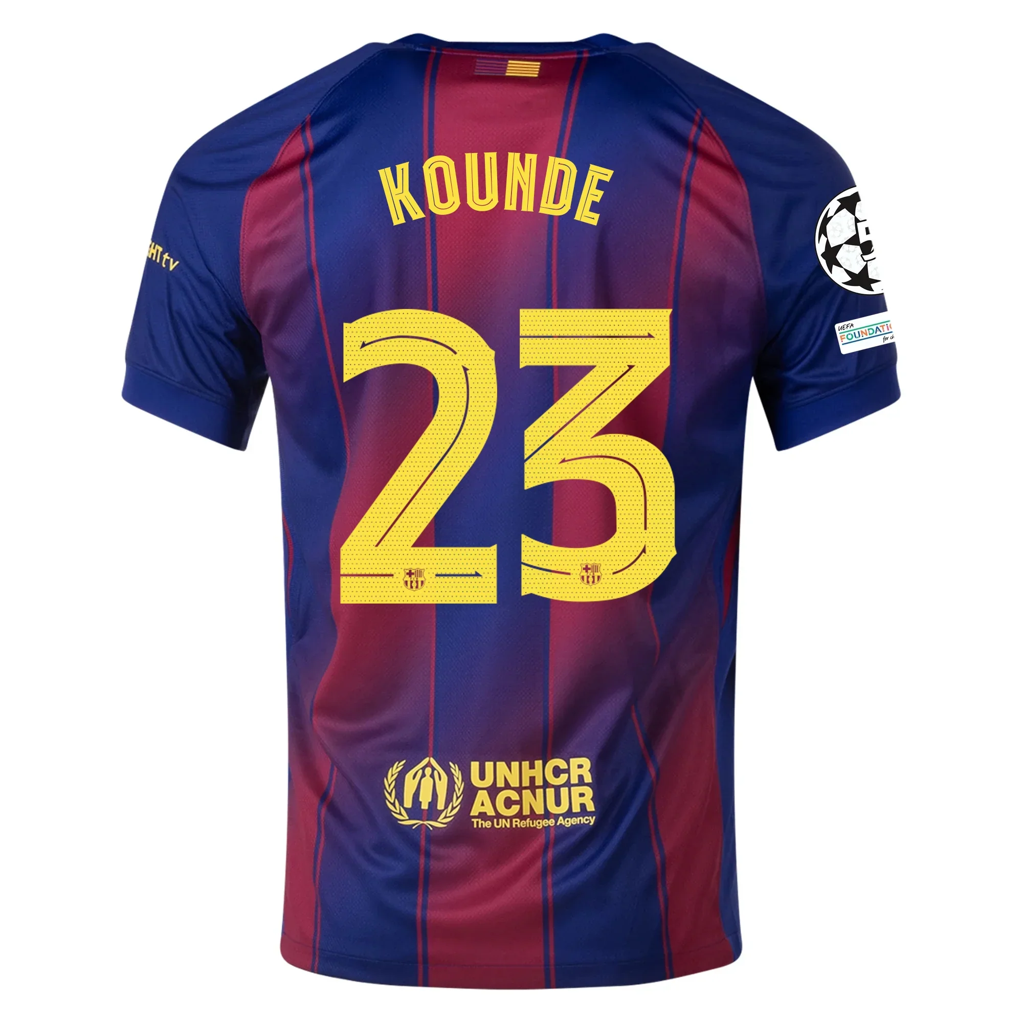 Kounde FC Barcelona Home Jersey 25/26 w/ Champions League Patches (Deep Royal Blue/Midwest Gold)