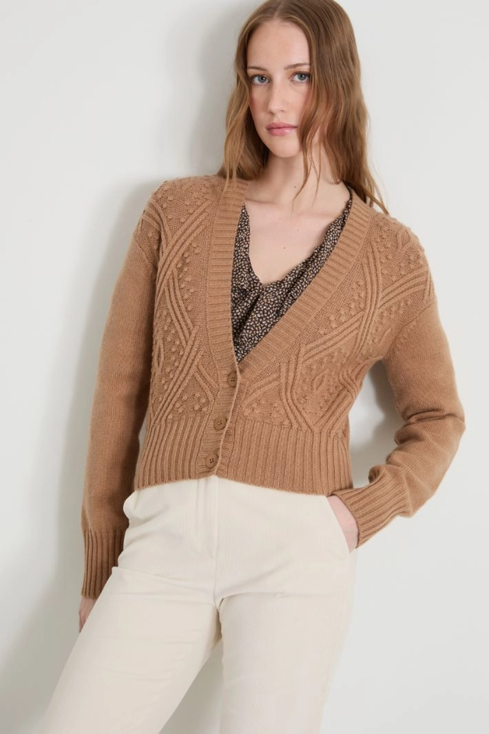 Cardigan with raised pattern - CAMEL