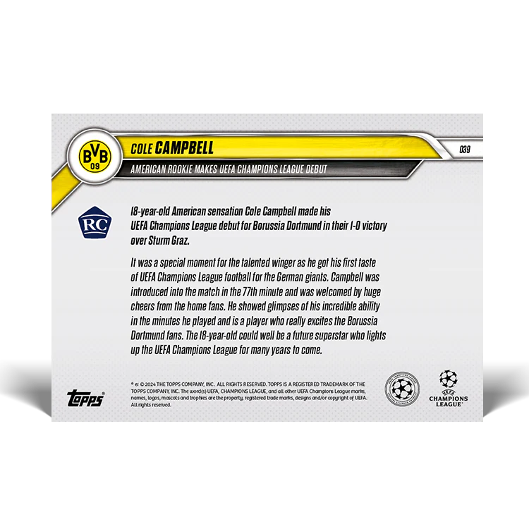 Cole Campbell - American rookie makes UEFA Champions League debut - 24/25 UCC Topps NOW® Card 39