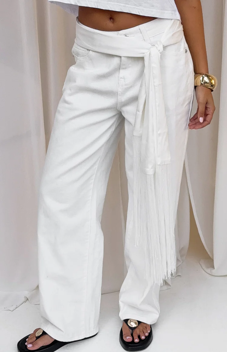 Roisin White Satin Fringe Scarf Belt