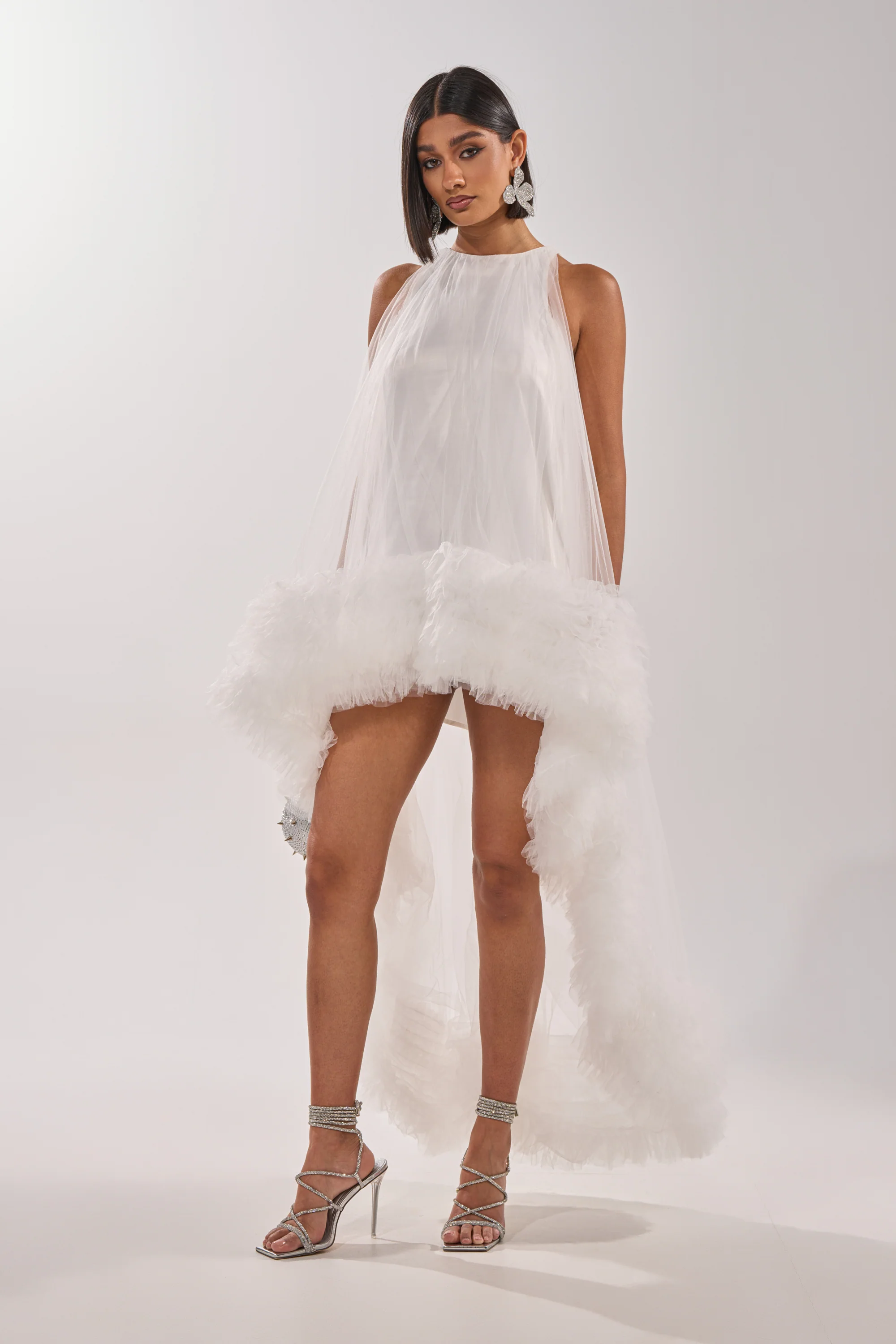 Ari Tulle Ruffle High Low Mini Dress In White