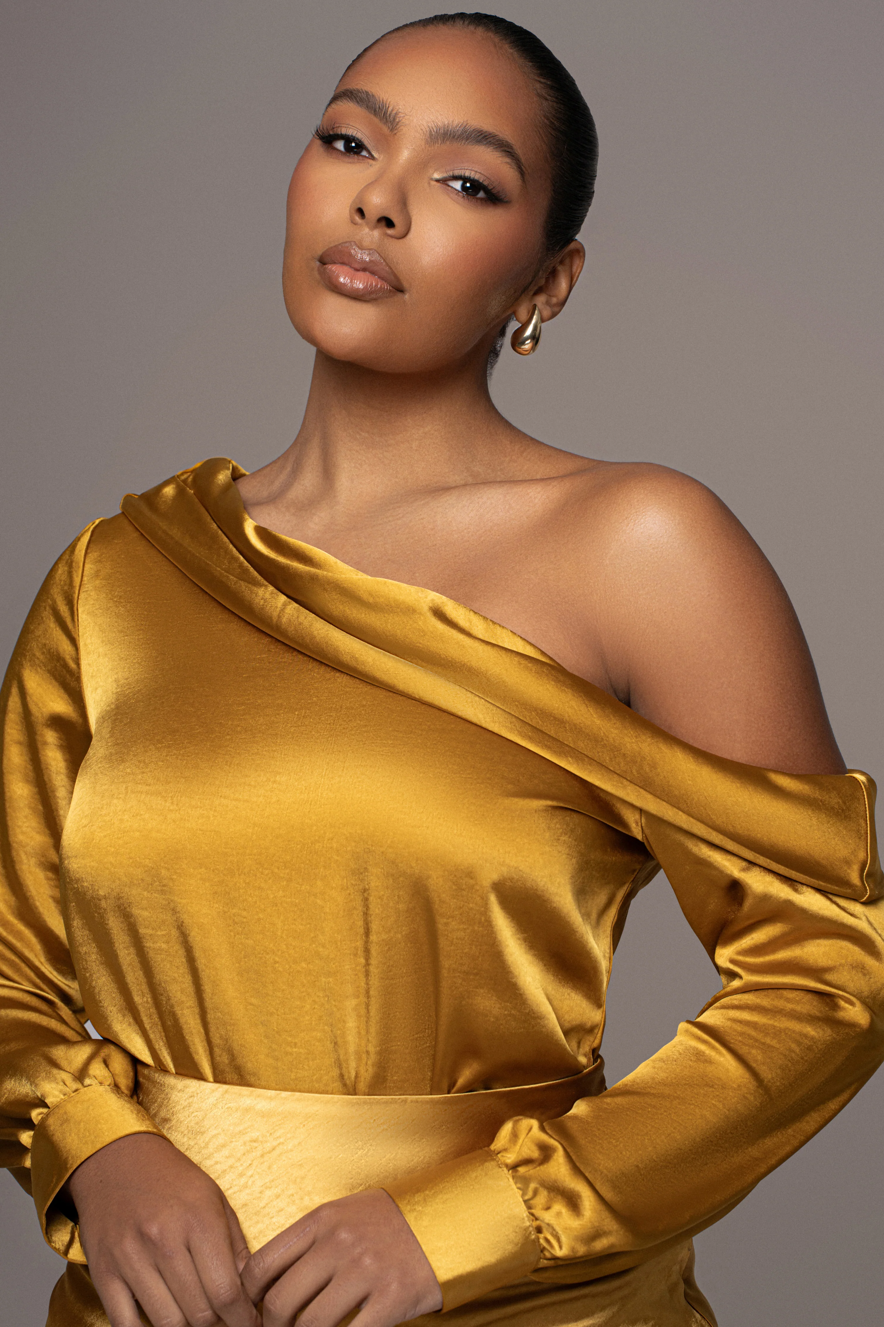 Yellow Satin Rima Asymmetrical Bodysuit