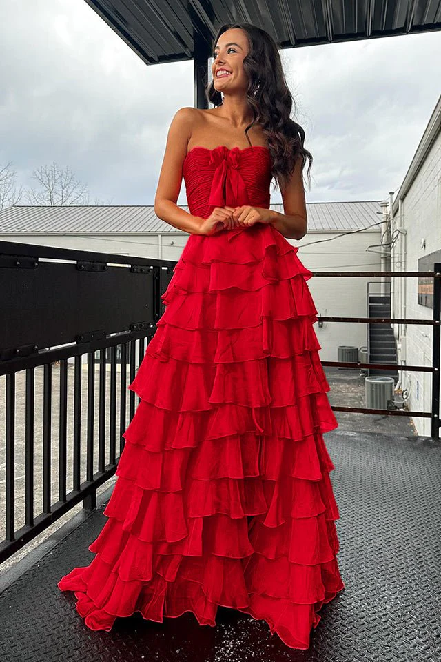 Cinizia | Chiffon Fuchsia Sweetheart Tiered Ruffles Prom Dress with Slit