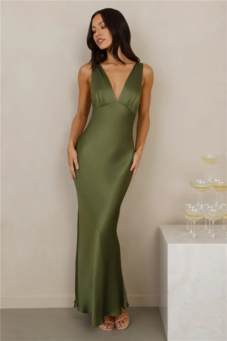 The Isabeau Satin Maxi Dress Olive