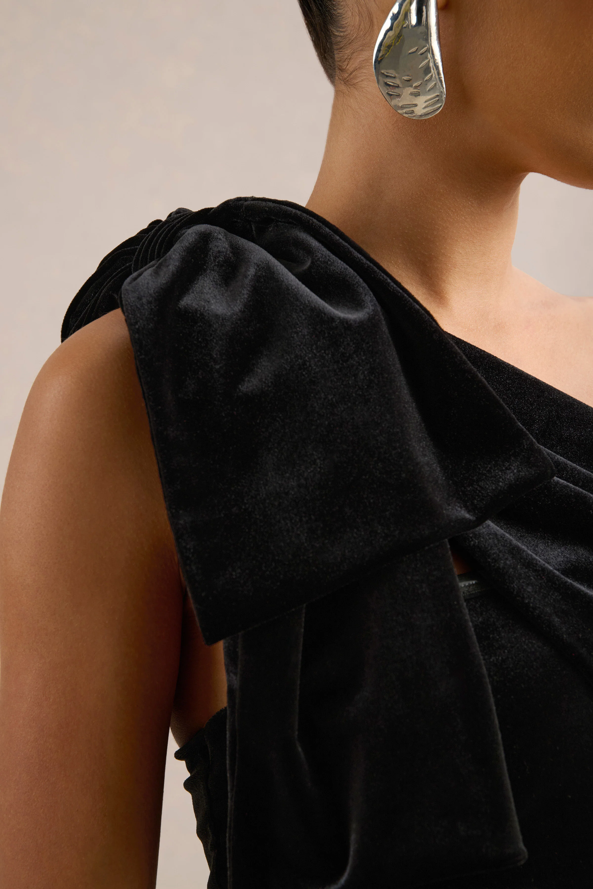 Zephira | Black Velvet One Shoulder Maxi Dress With Bow Detail