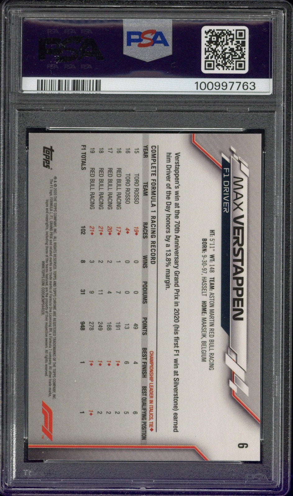 2020 Topps Chrome F1 #6 Max Verstappen PSA 10