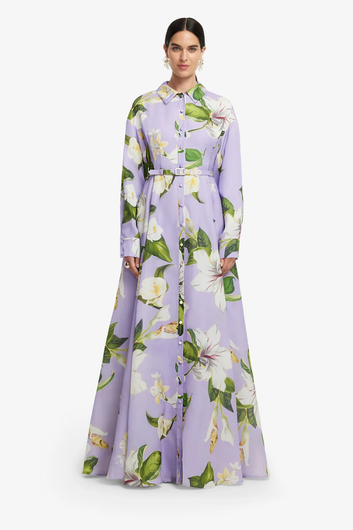 Josephine Silk Gown - Lily Blossom Print in Lilac