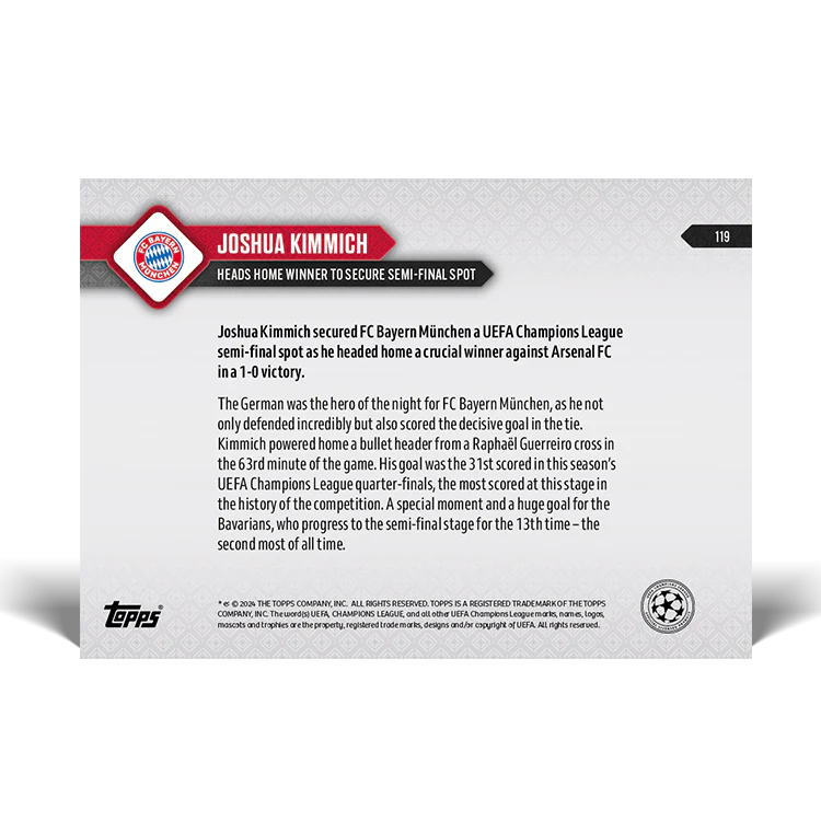 Joshua Kimmich - Heads home winner to secure semi-final spot - 23/24 UCL TOPPS NOW® Card 119
