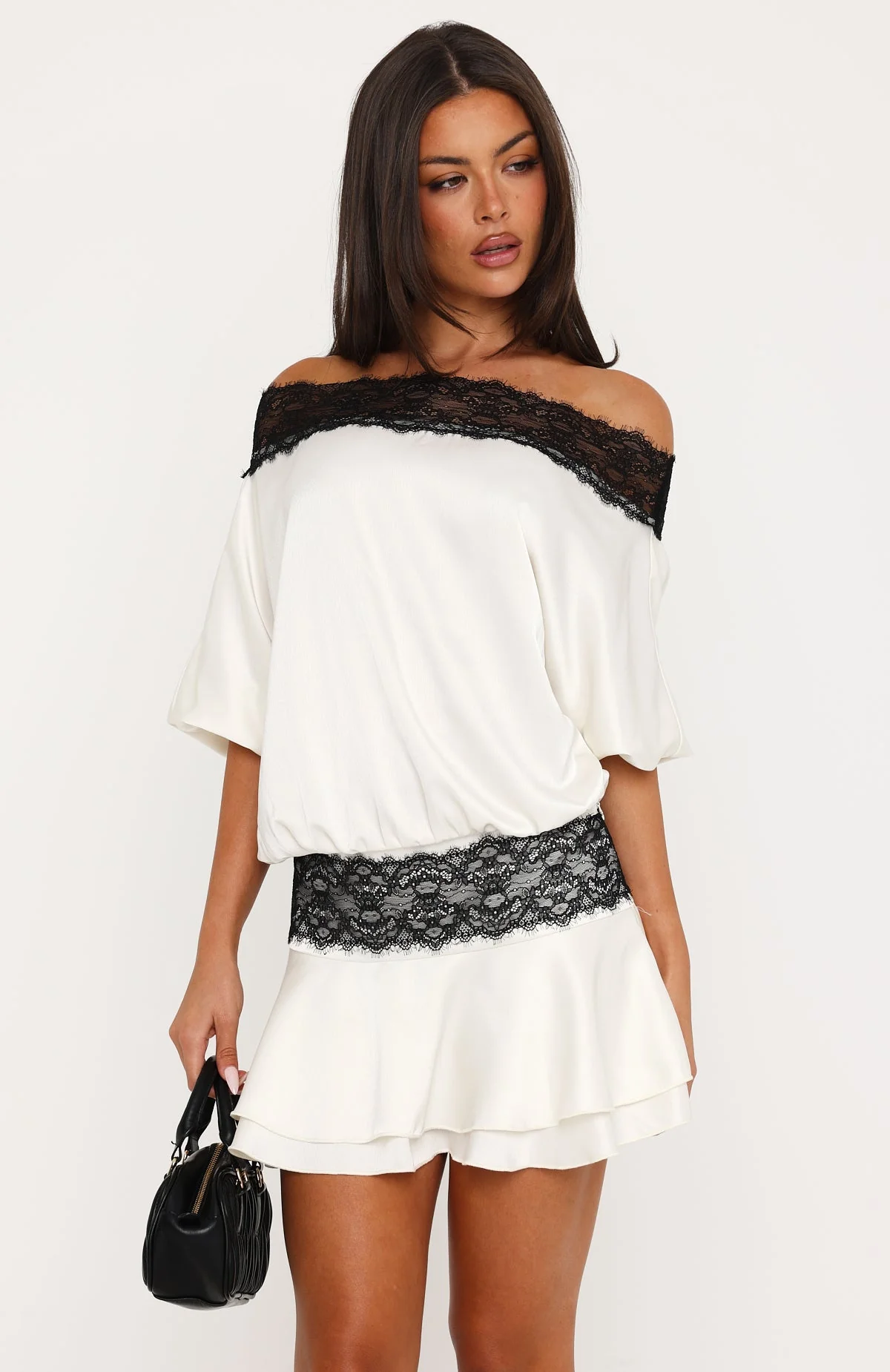 Am I Yours Off Shoulder Satin Mini Dress Cream/Black