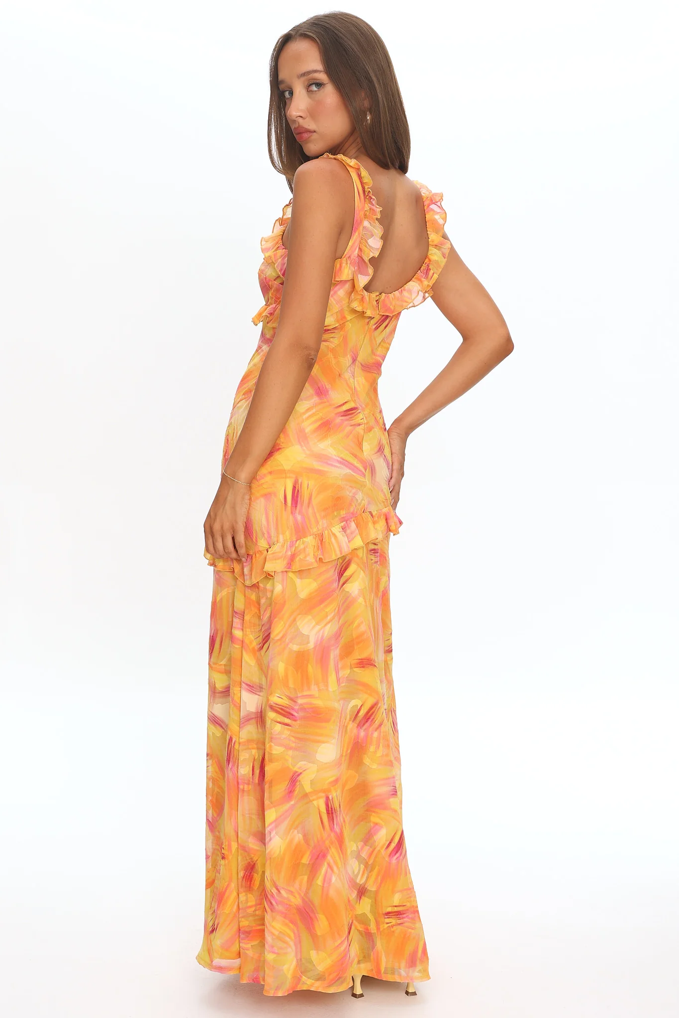 Alba Frill Trim Maxi Dress Abstract Orange