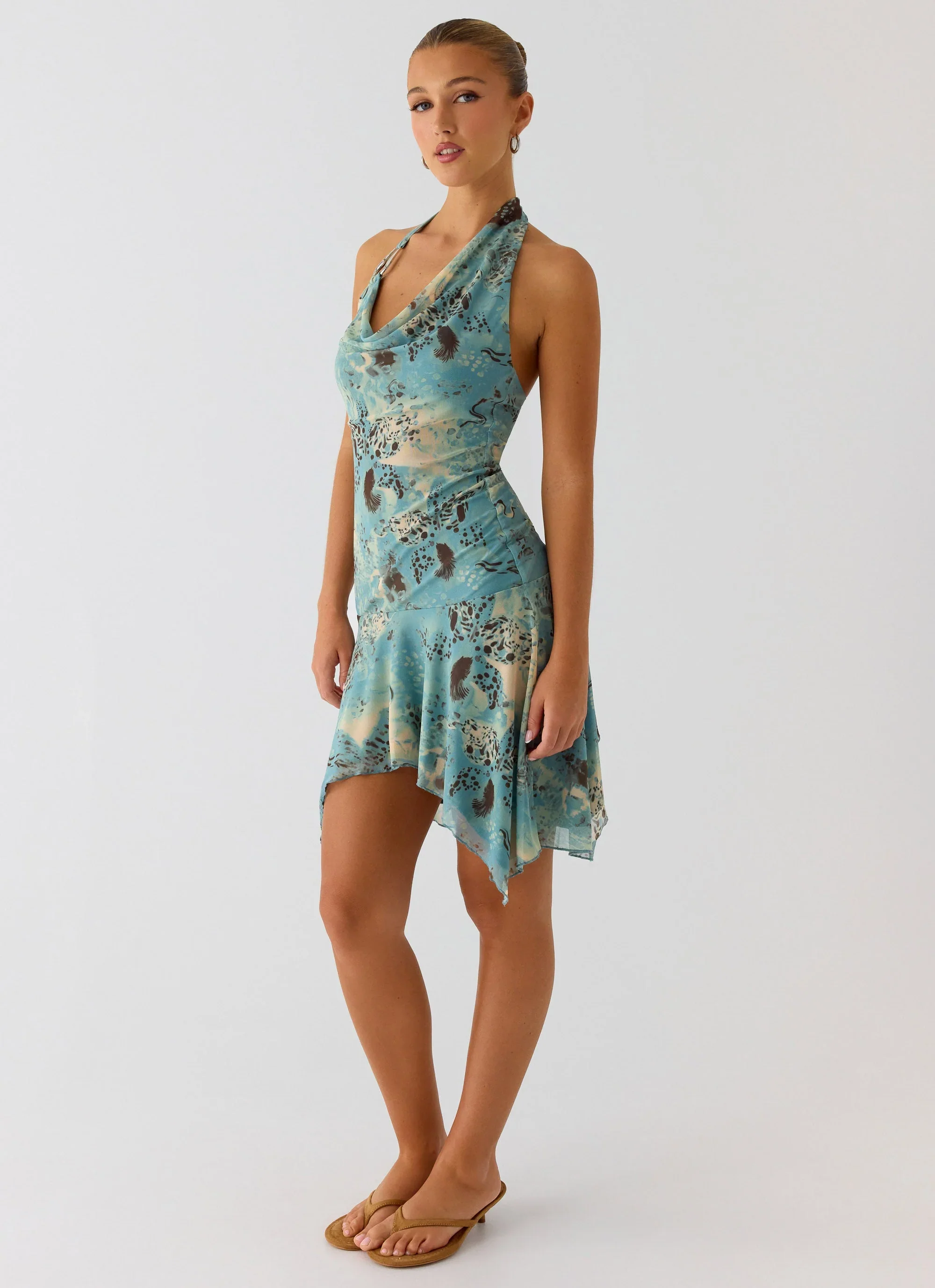 Bad Alive Halter Hanky Mini Dress - Aqua Blur