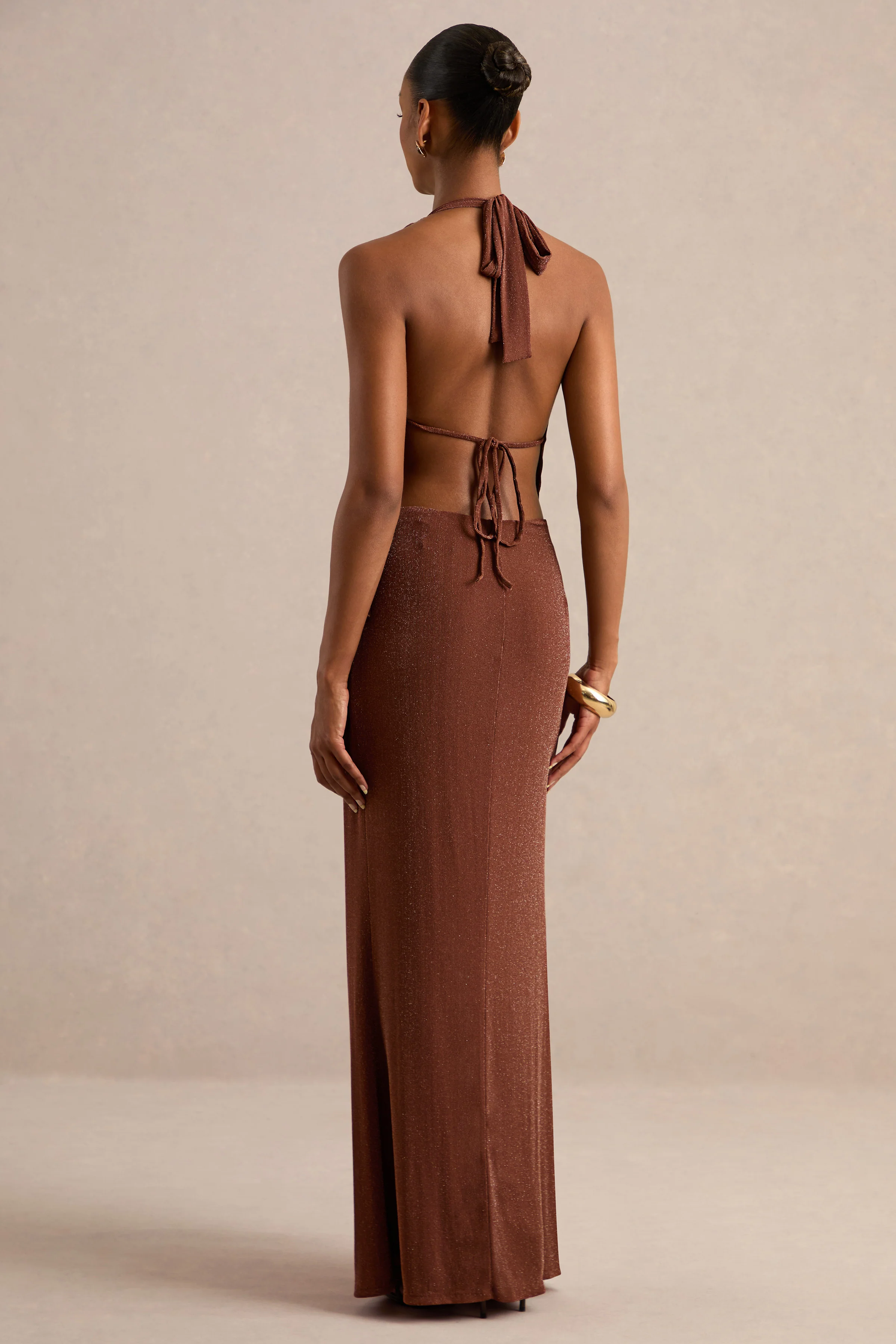 Velia | Brown Extreme Plunge-Neck Semi-Sheer Maxi Dress With Front High Split
