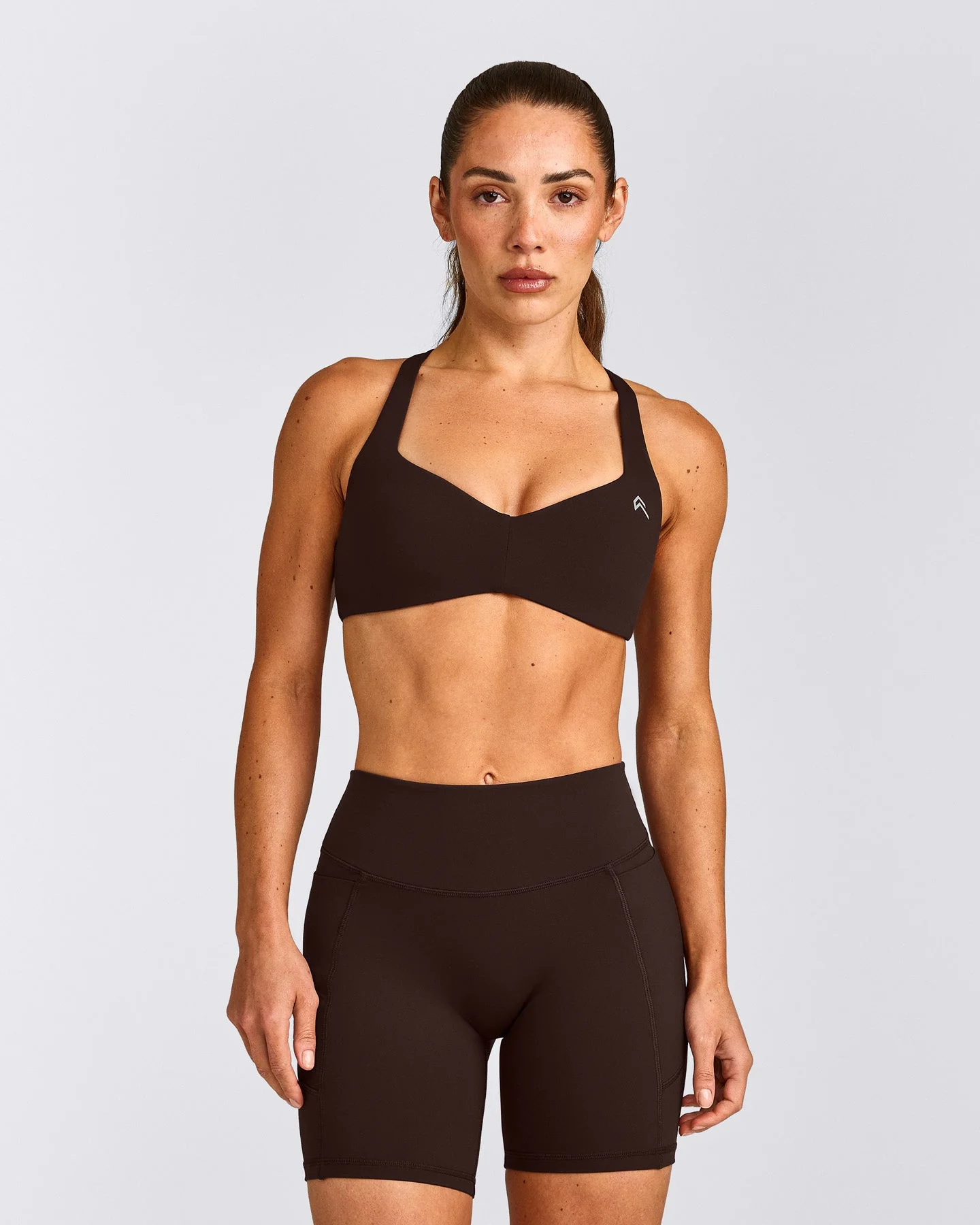 UnifiedMove™ T Back Minimal Bralette with Reflective Logo | 70% Cocoa