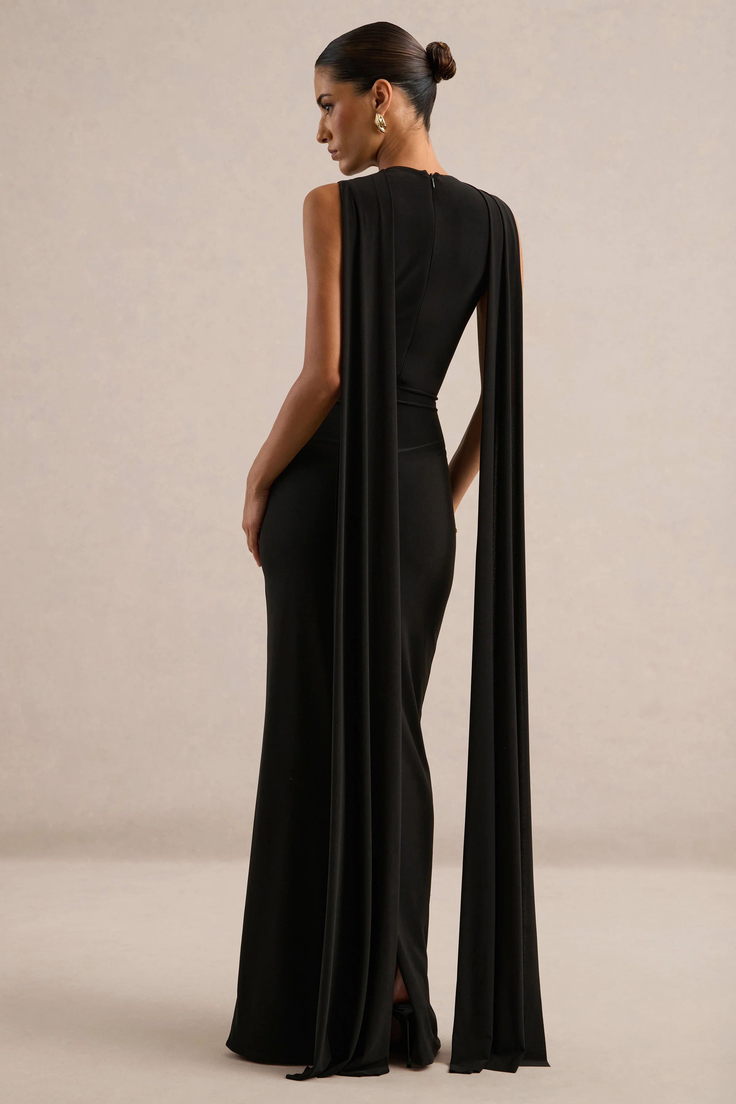 Marceline | Black Jersey Plunge Maxi Dress With Back Cape Sleeves