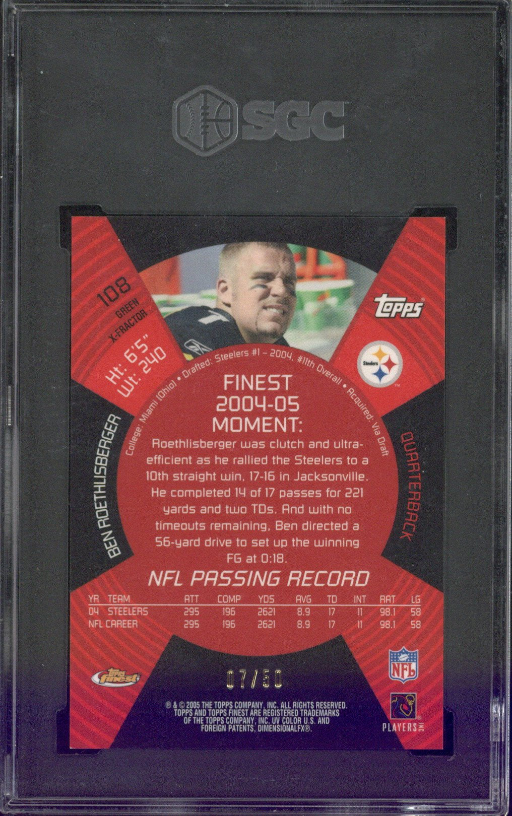 2005 Topps Finest Ben Roethlisberger Green XFractor /50 #108 SGC 9