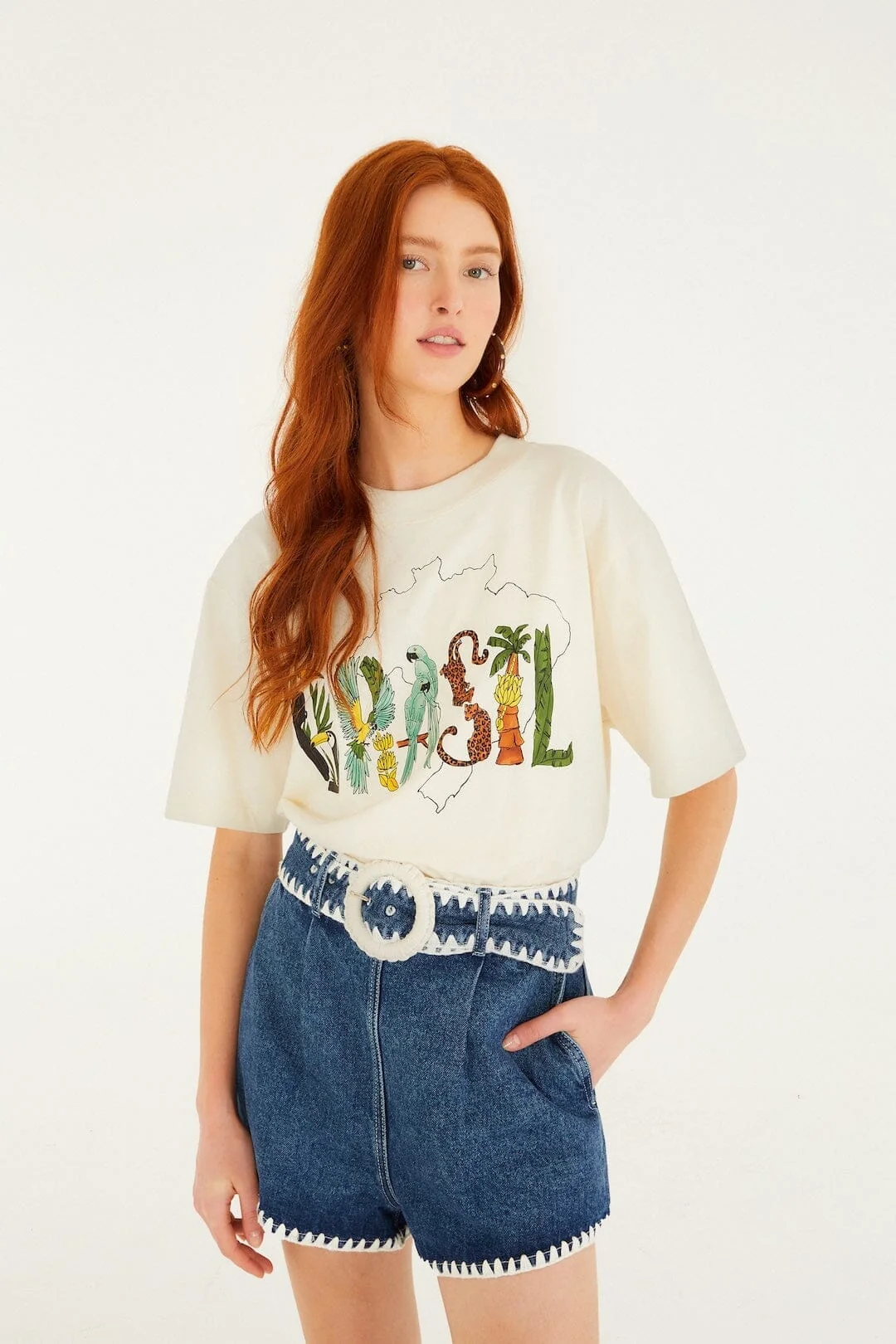 Denim Crochet Embroidery Belted Shorts
