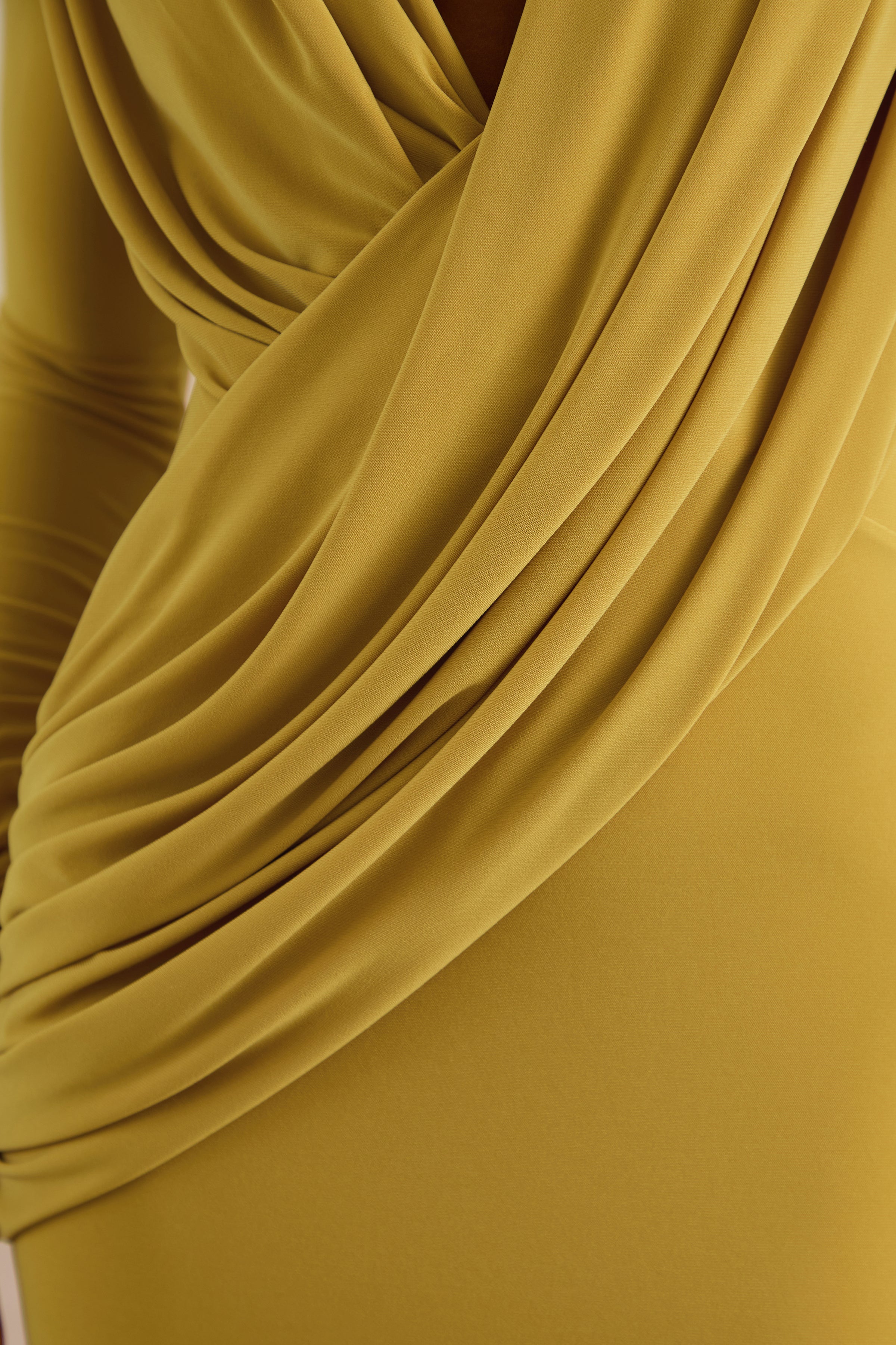 Azmina | Mustard Jersey Ruched V Neck Long Sleeve Maxi Dress With Draped Detailing And Low Back