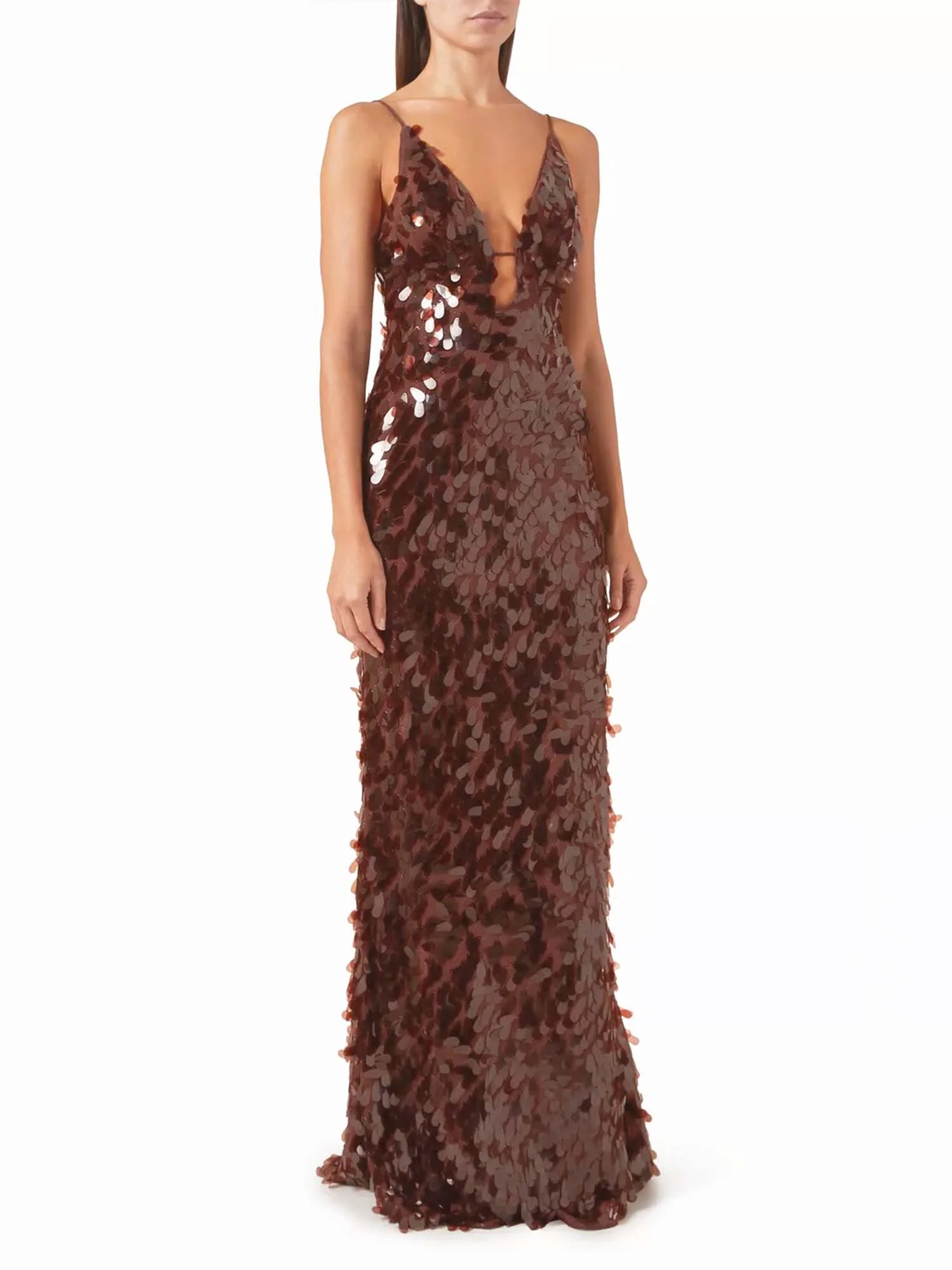 Brown Sequin Plunge Maxi Dress