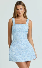 Vivian Mini Dress - Square Neck A Line Dress in Blue