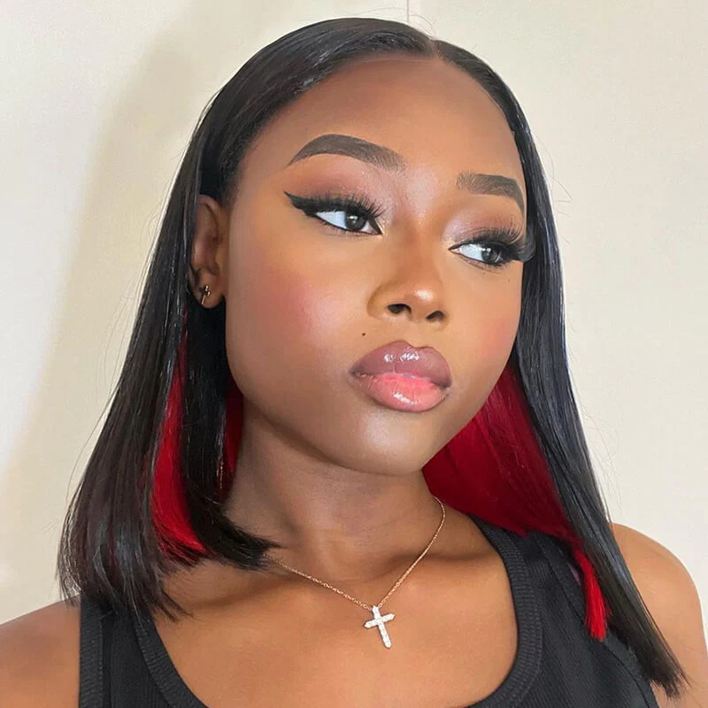 Ophirawig 13x4 Frontal Lace Peekaboo Highlights Red Straight Bob Wig Invisible Knots Realistic Hairline