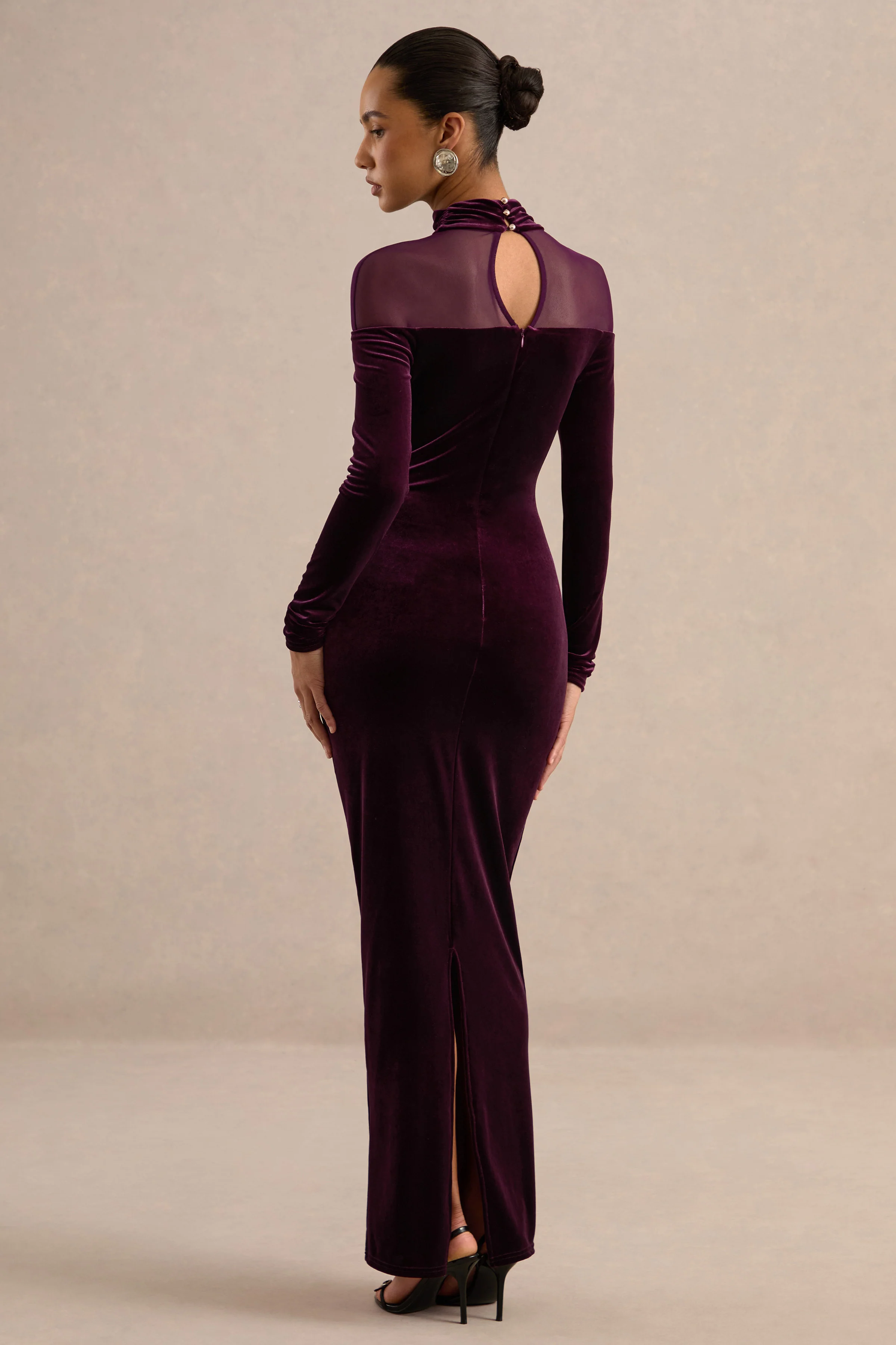 Rosa | Plum Velvet High Neck Long Sleeve Maxi Dress With Sheer Detailing