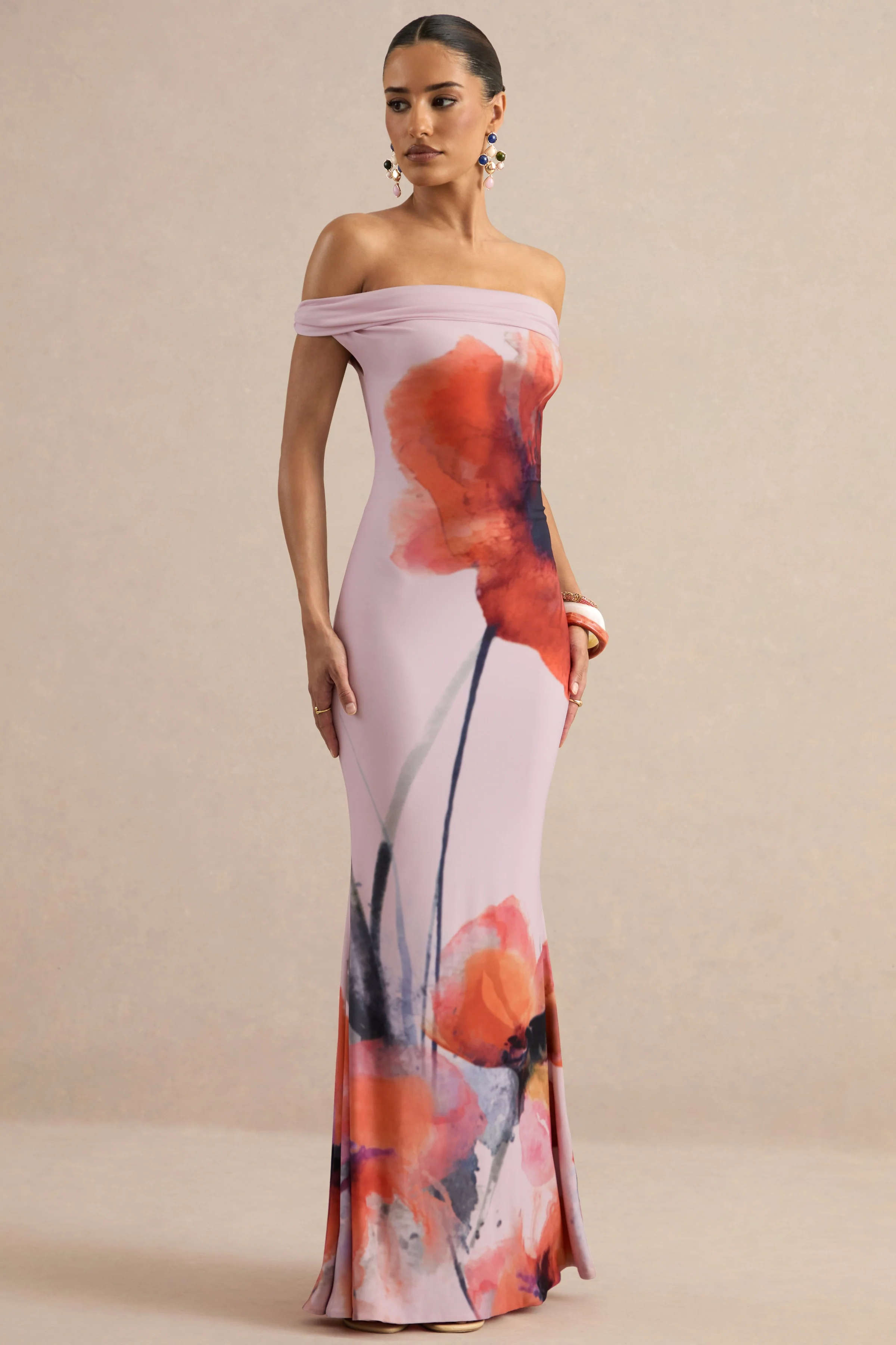 Katia | Pink Poppy Print Bardot-Neck Maxi Dress