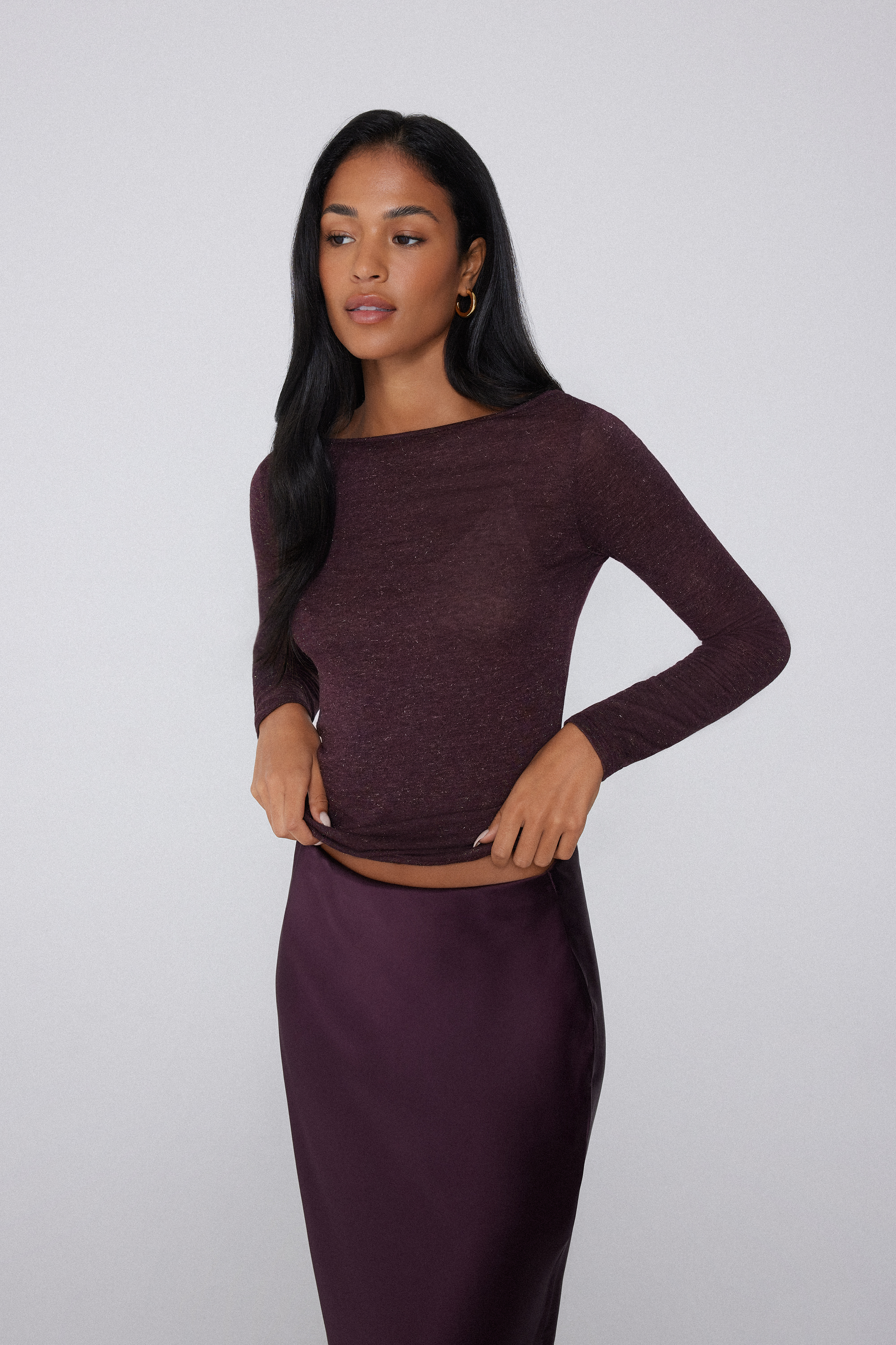 Long-Sleeved Boat Neck Lamé Merino Wool and Viscose Top
