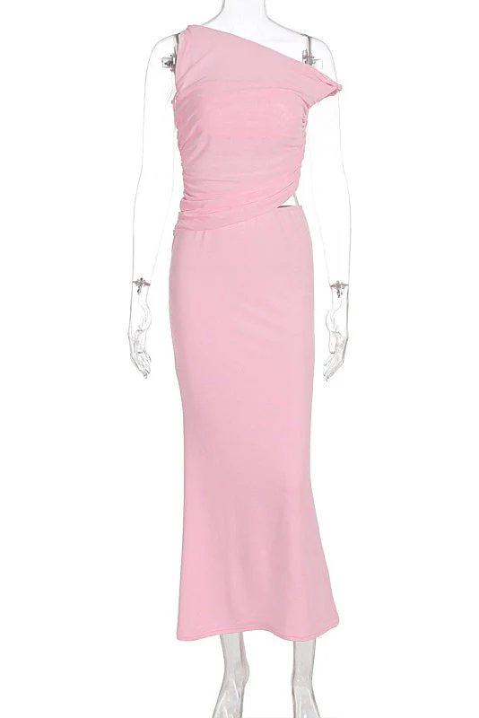 One Shoulder Pink Cutout Fitted Long Dress