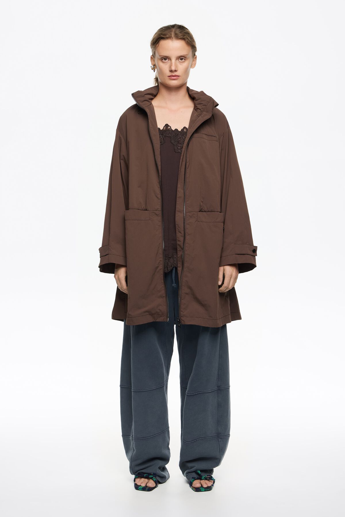 Dark brown A-line trench