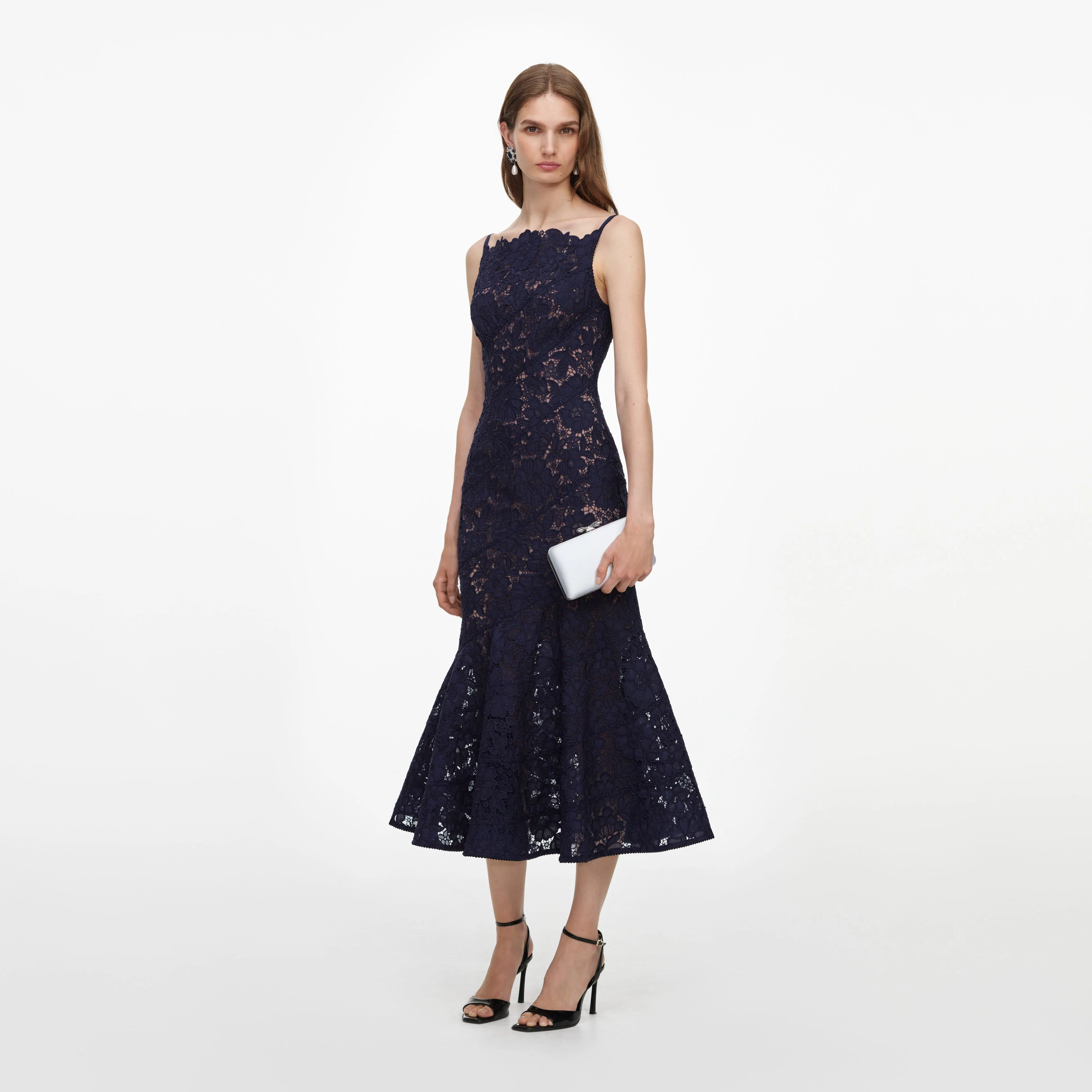 Navy Spiral Lace Midi Dress
