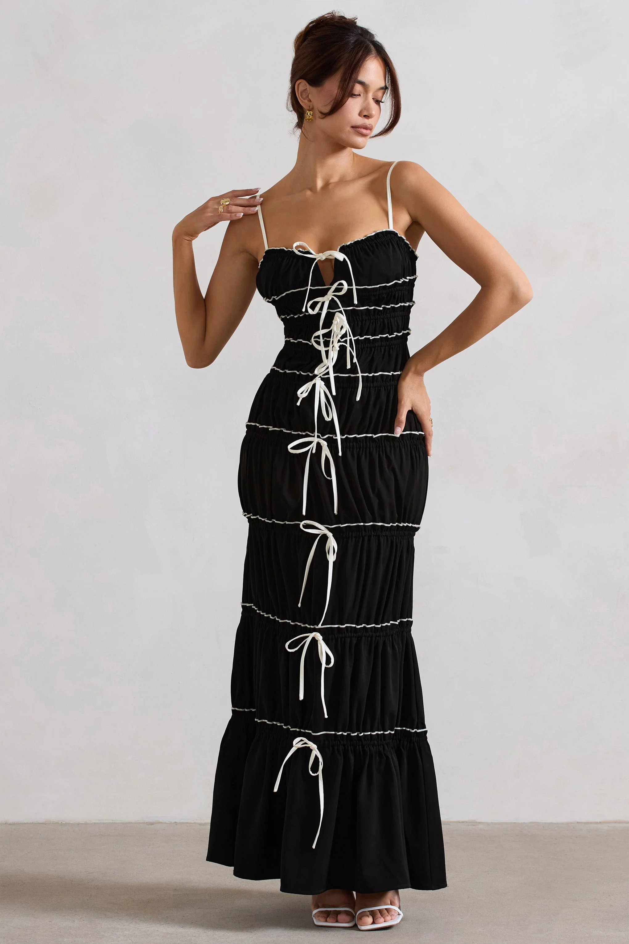 Summer Breeze | Black Strappy Gathered Tiered Maxi Dress