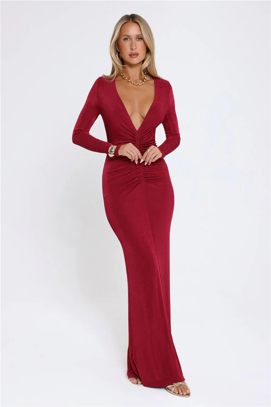 Stare Worthy Long Sleeve Maxi Dress Berry