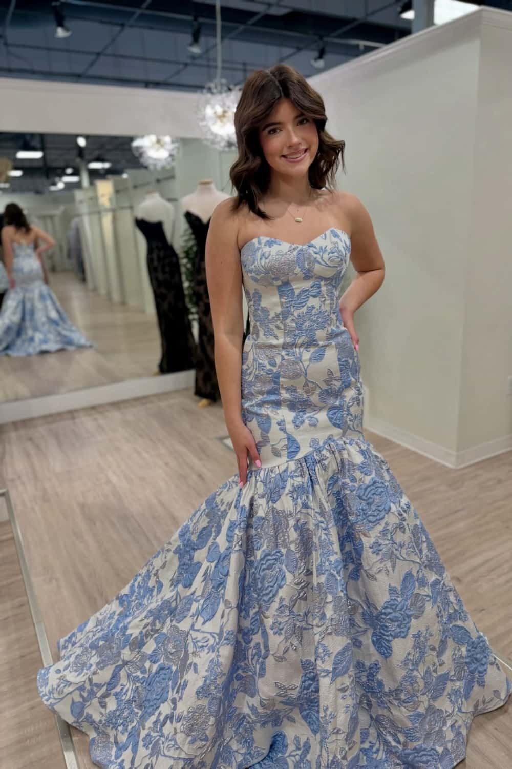 Blue Floral Jacquard Mermaid Long Prom Dress