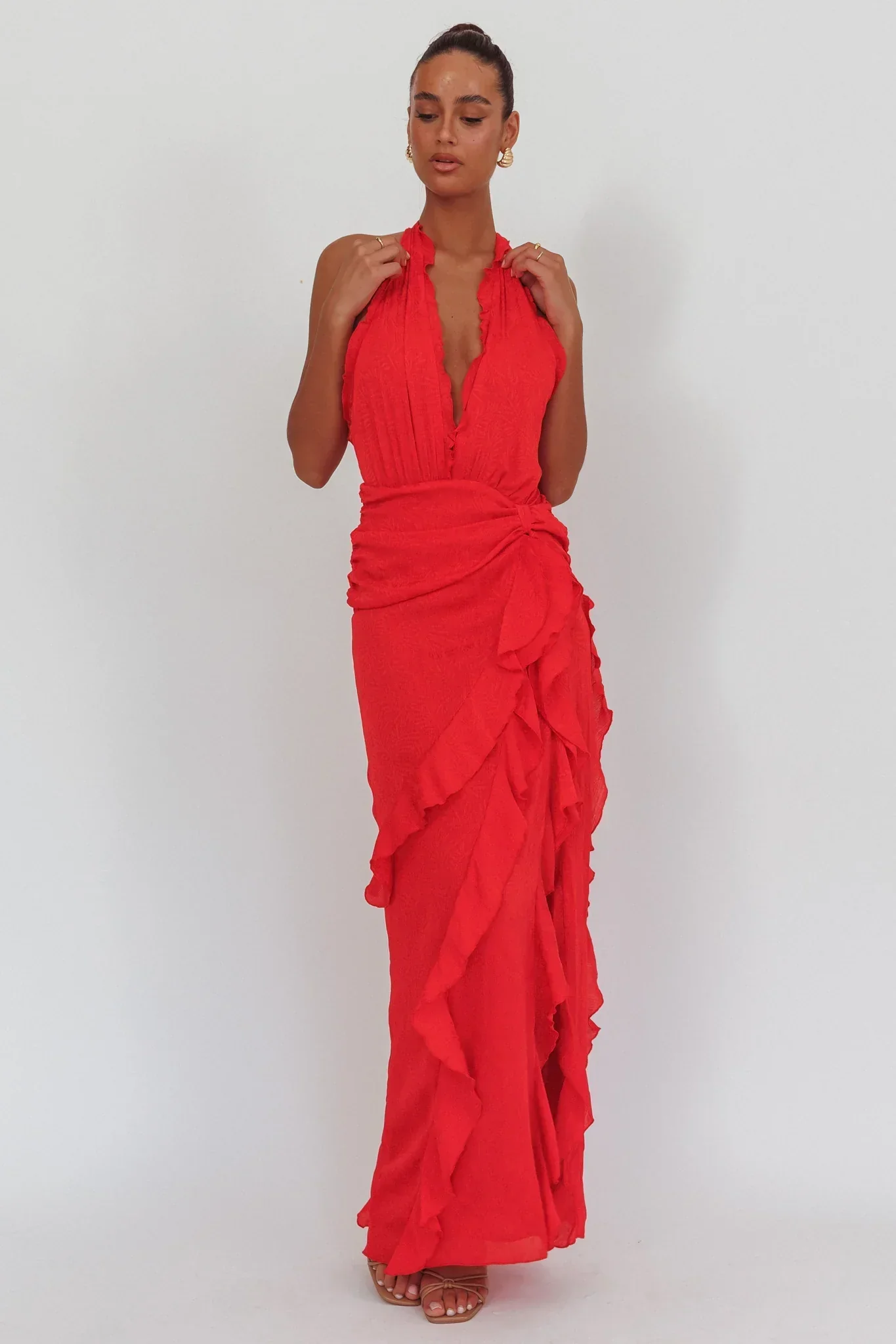 Libre Plunging Halter Ruffle Maxi Dress Red