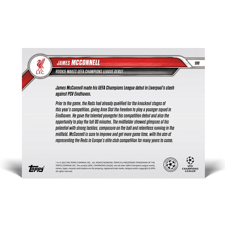 James McConnell - Rookie makes UEFA Champions League debut - 24/25 UCL Topps NOW® Card 88