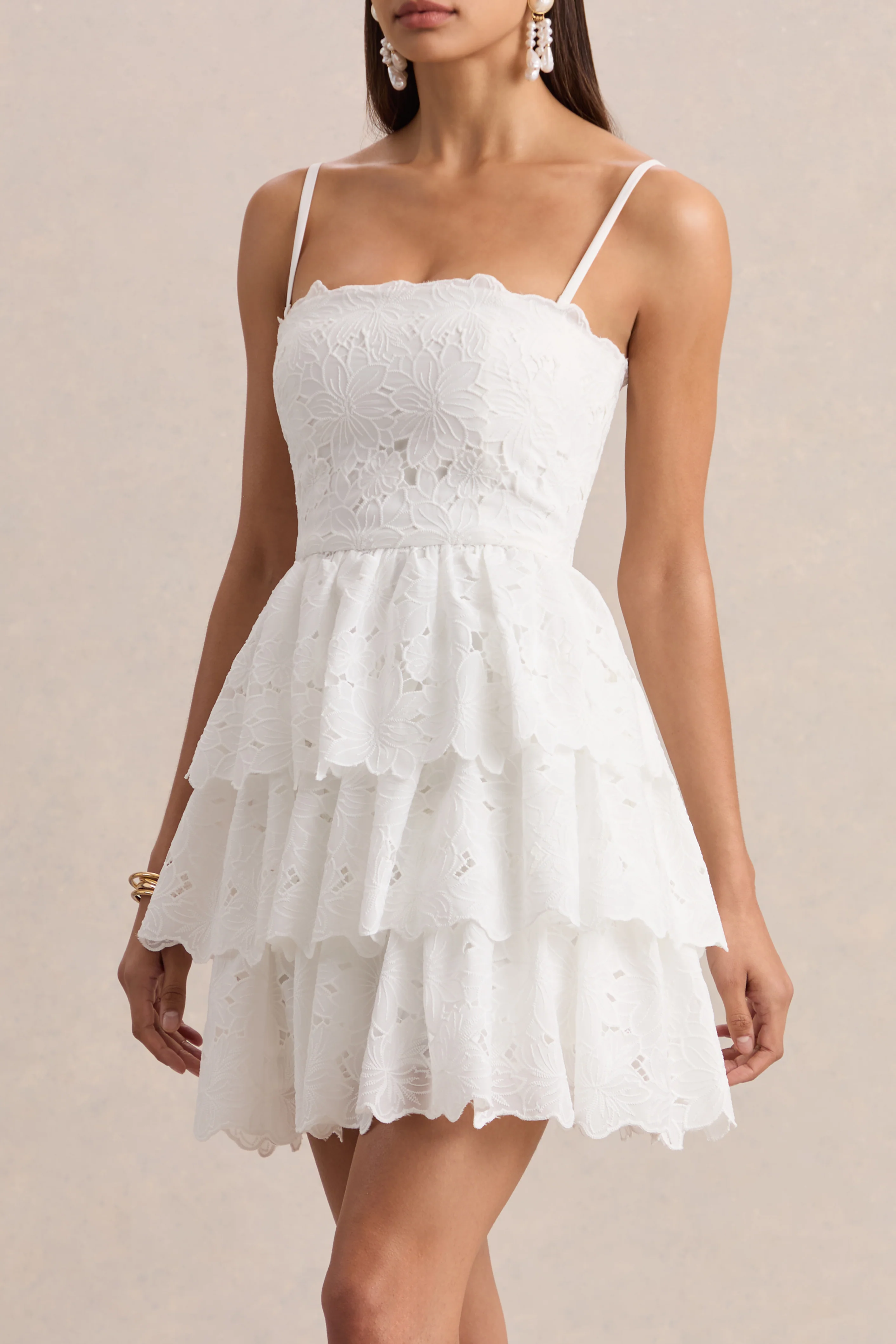 Winona | White Lace Square-Neck Mini Dress With Ruffled Detailing