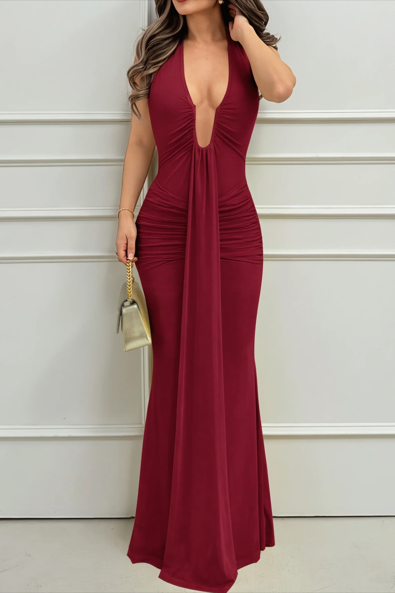 Halter Deep V Backless Ruched Hot Girl Maxi Dress