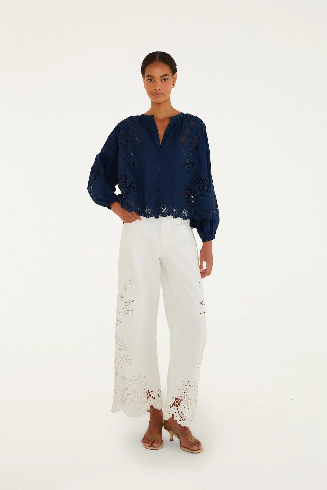 Navy Blue Artisanal Long Sleeve Blouse