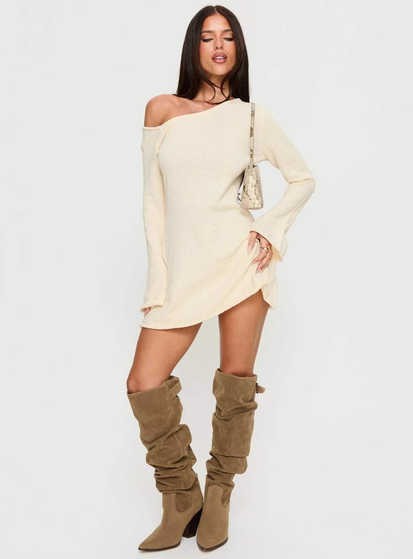 Jaede Off Shoulder Knit Mini Dress Cream