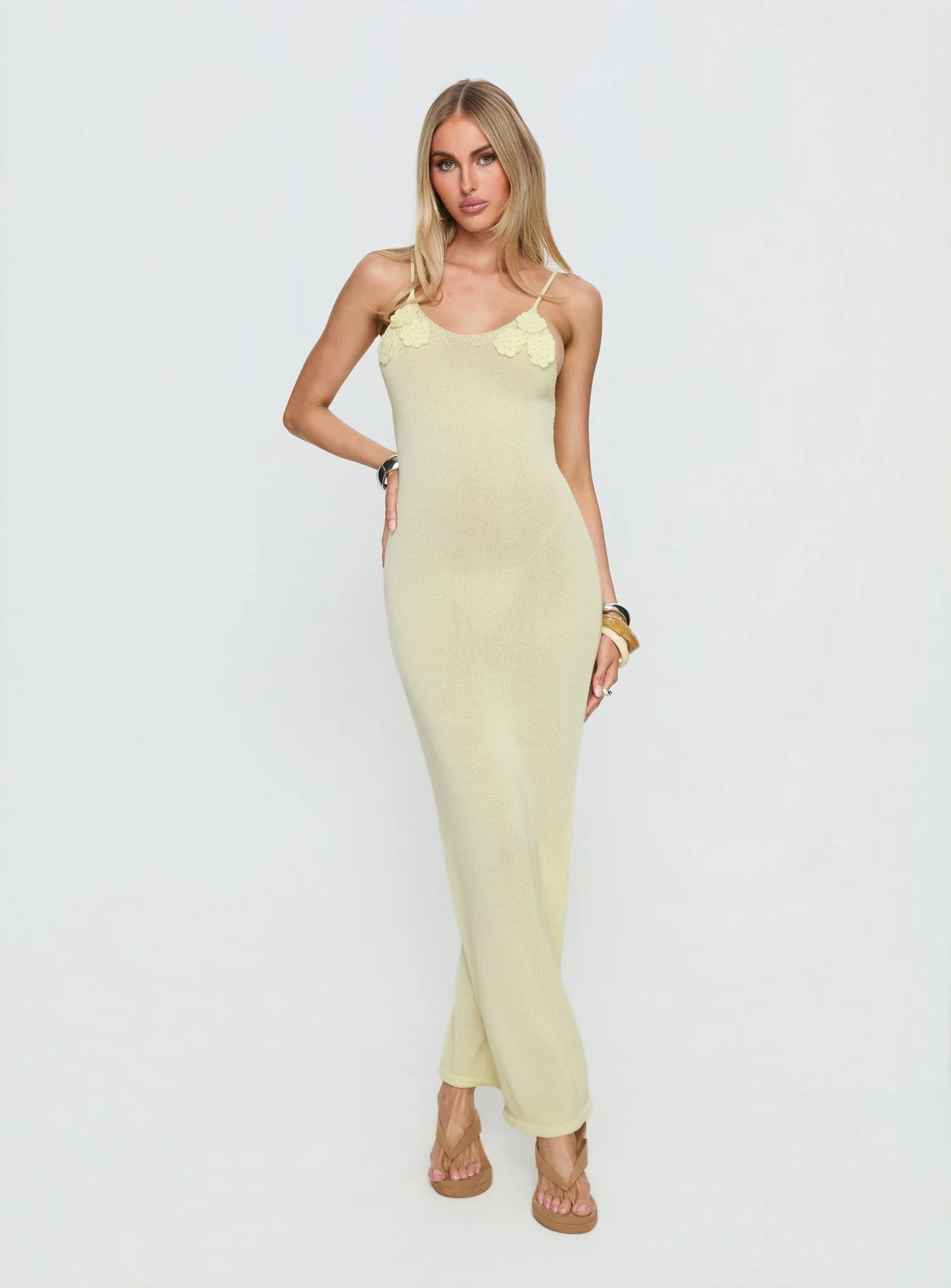 Cinderella Knit Floral Detail Maxi Dress Lemon Yellow