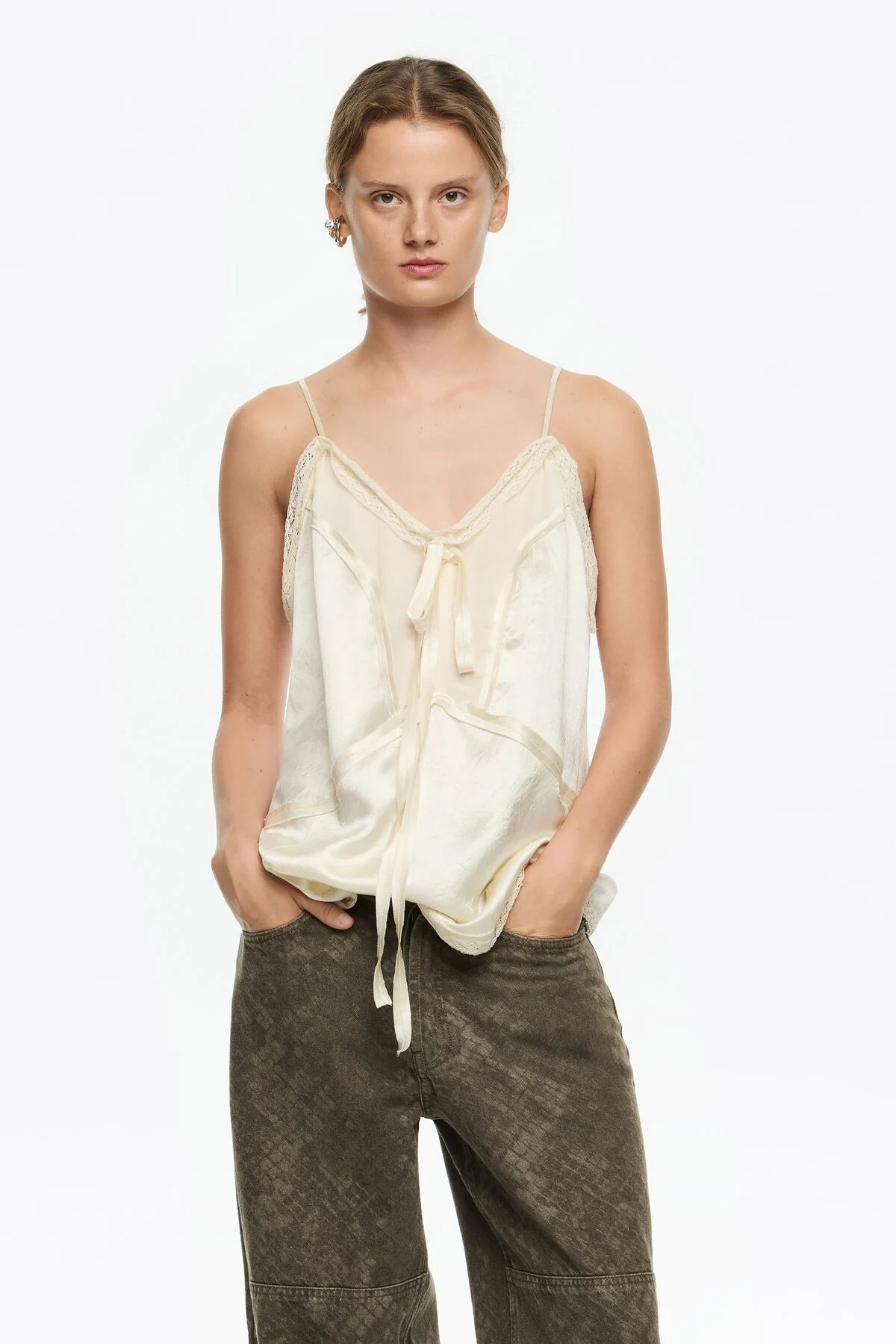Beige mixed fabrics straight cut top