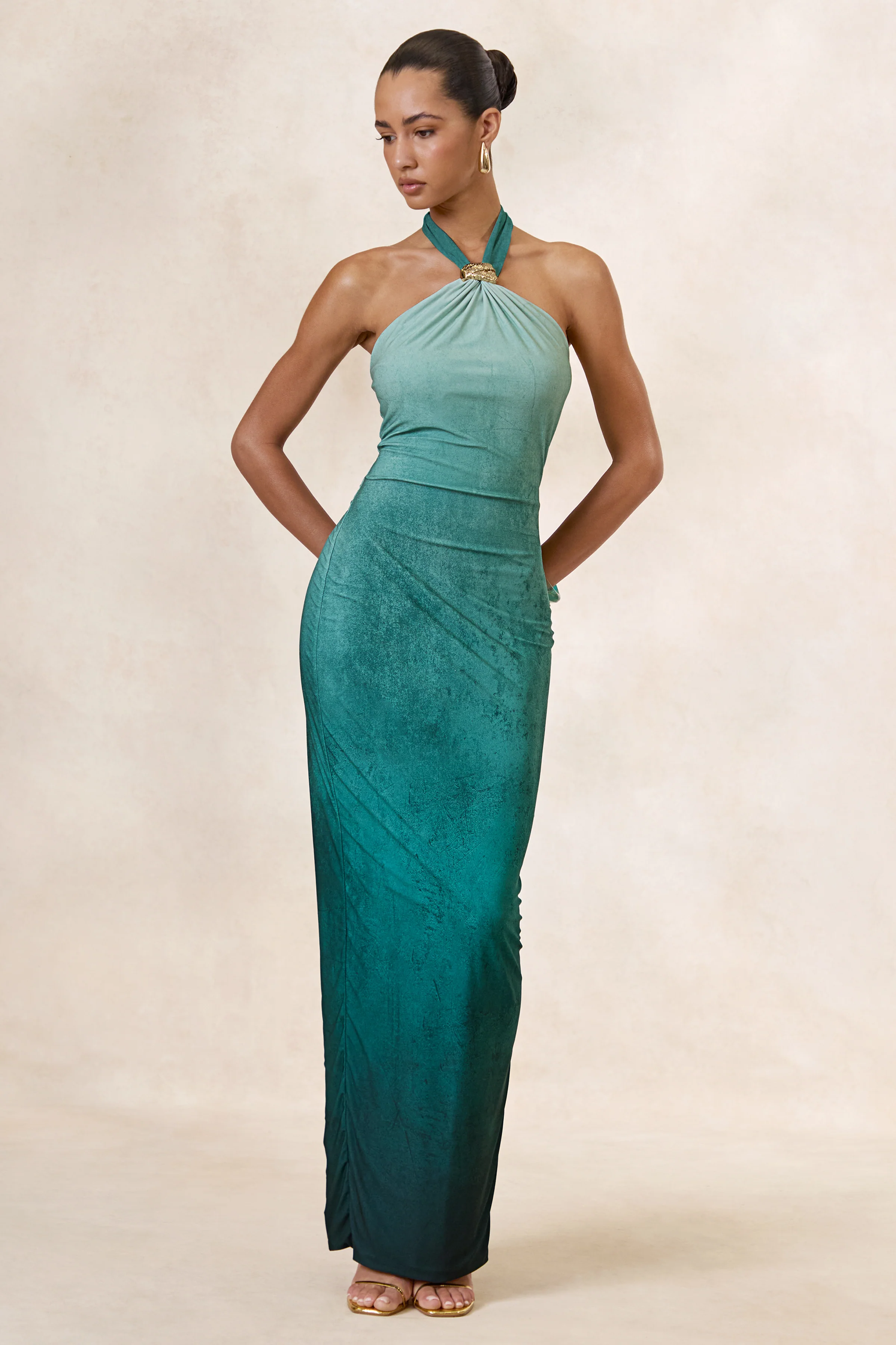 Thera | Turquoise Ombre Print Jersey Halter Maxi Dress With Gold Trim Detailing And Back Split