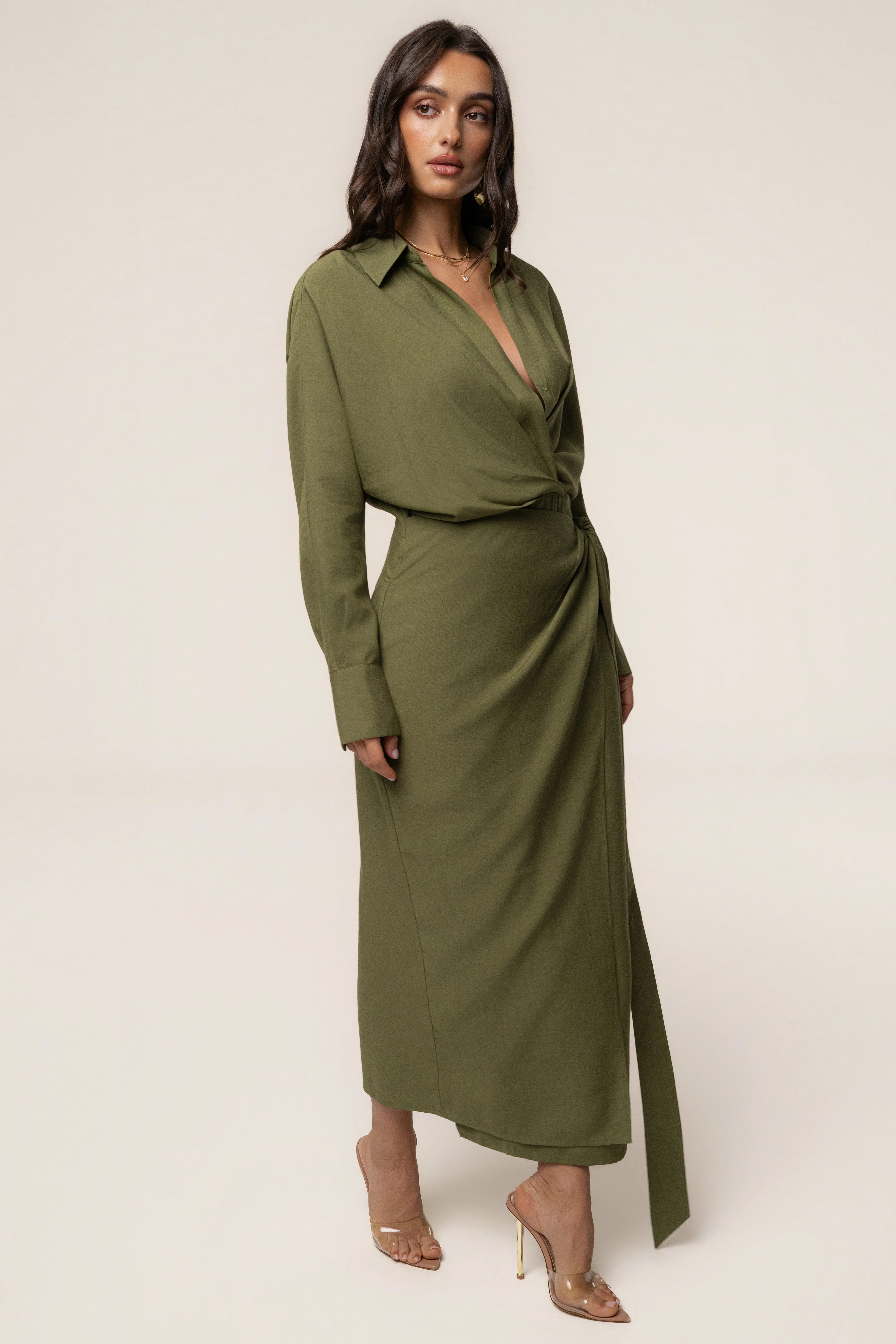 Olive Skyline Wrap Midi Dress