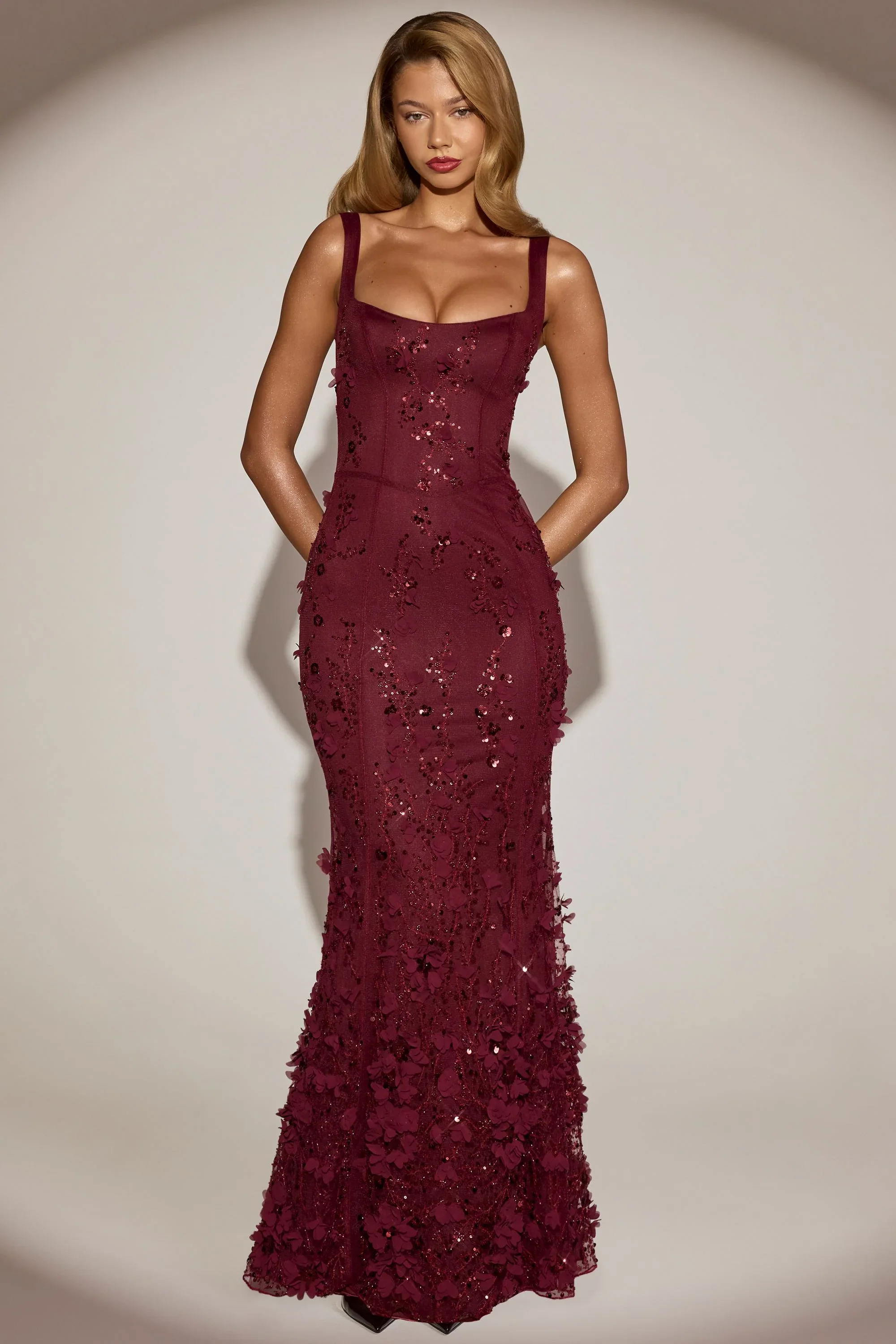 Embellished Appliqué Soft-Scoop Corset Gown in Wine Red