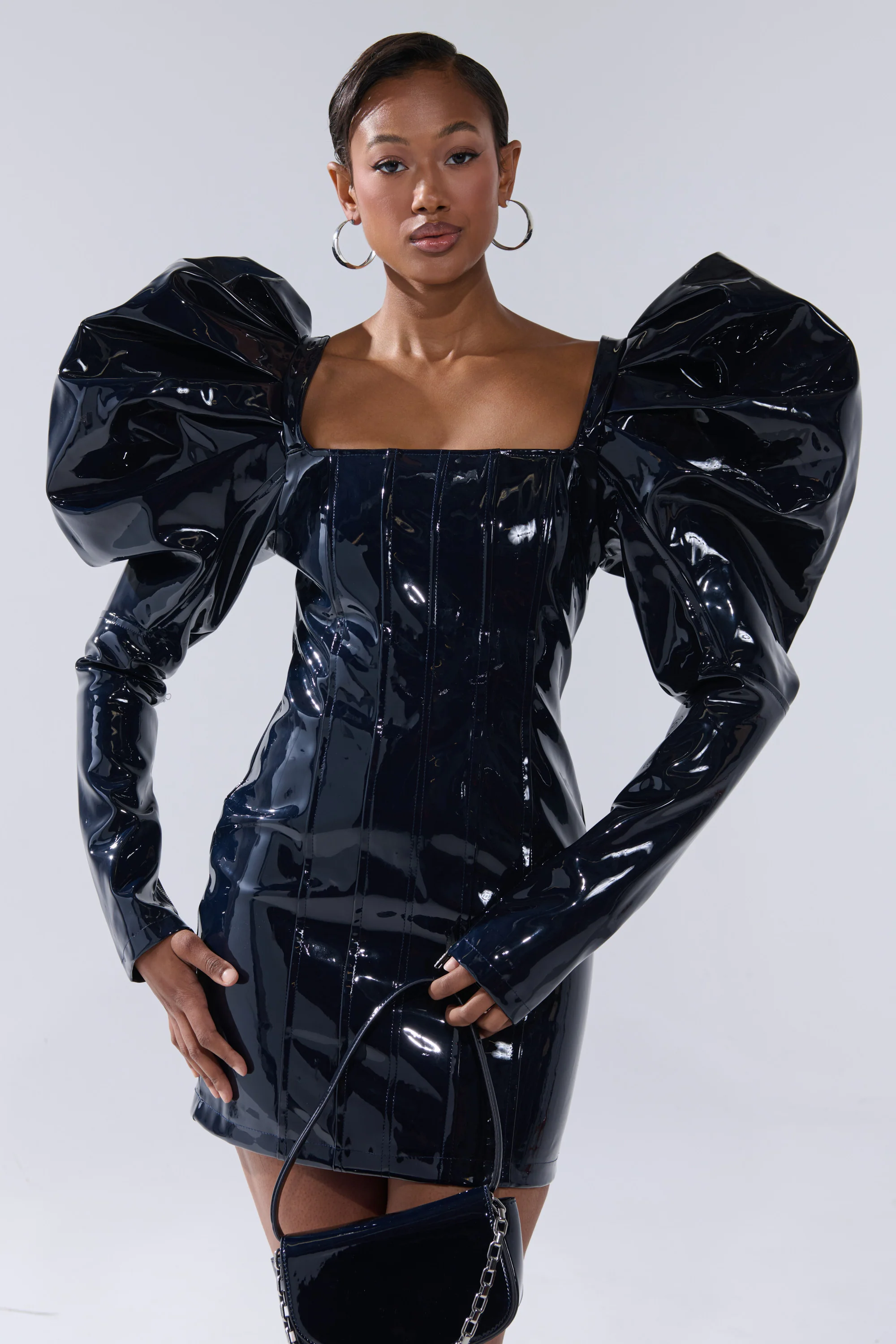 Baddies Only Patent Mini Dress In Navy