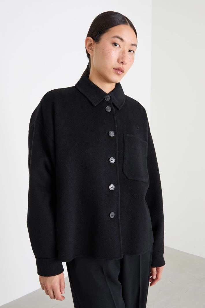 Single-breasted double wool pea coat - BLACK