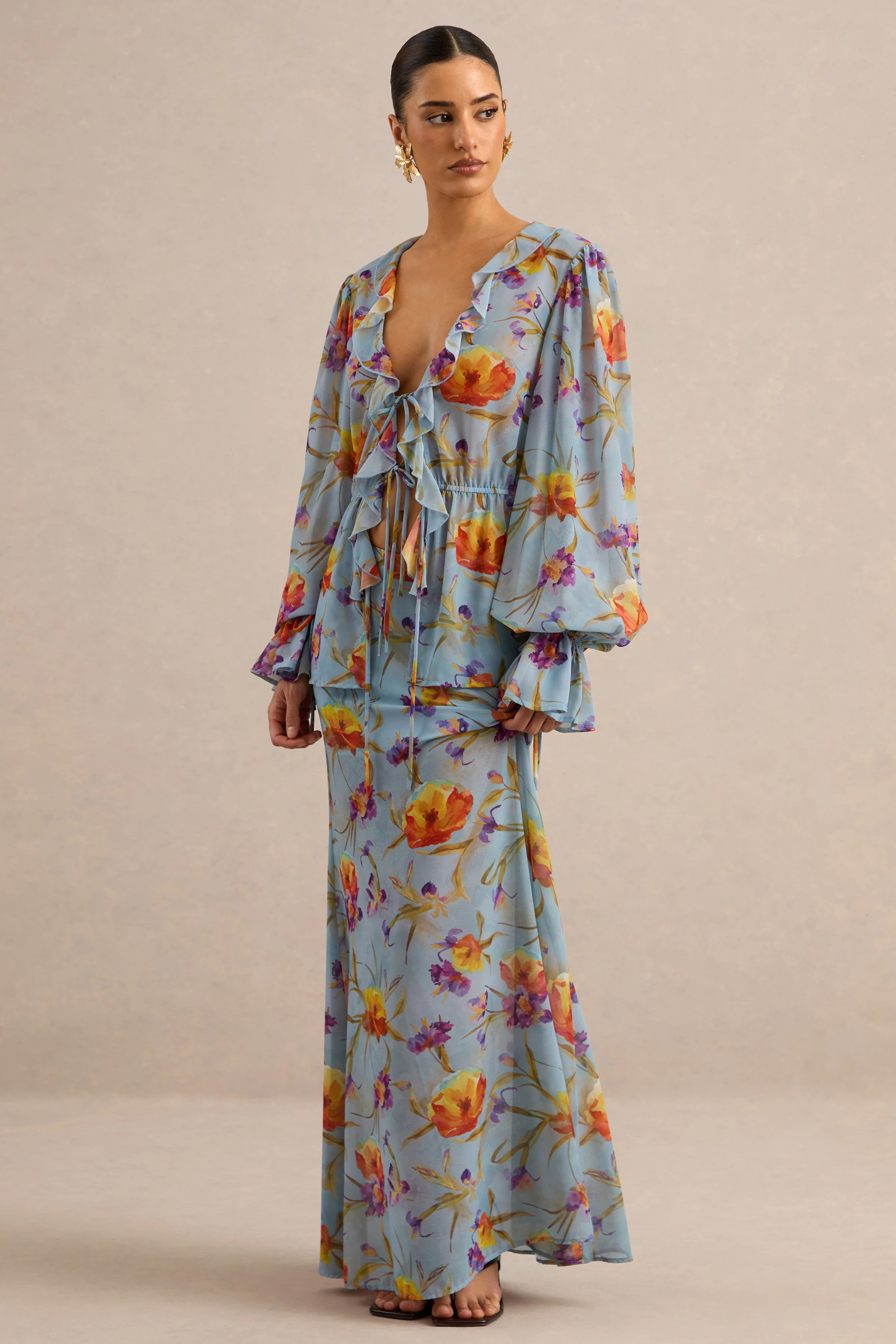 Alveta | Blue Floral Chiffon Sheer Maxi Skirt
