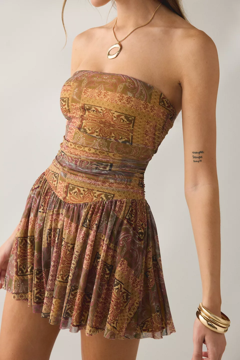 UO Modern Mesh Basque Waist Strapless Mini Dress