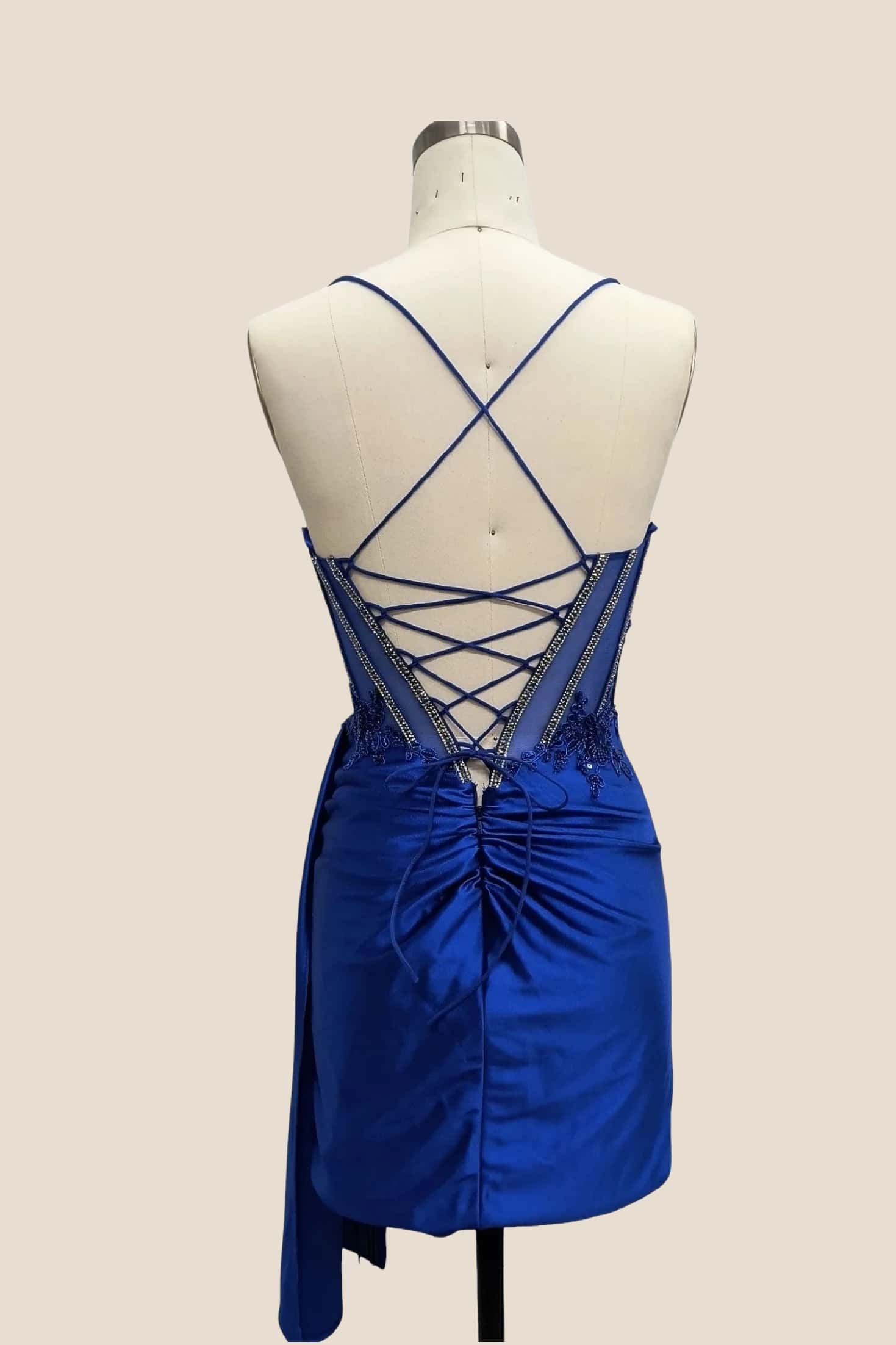 Royal Blue Straps Appliques Corset Ruched Dress