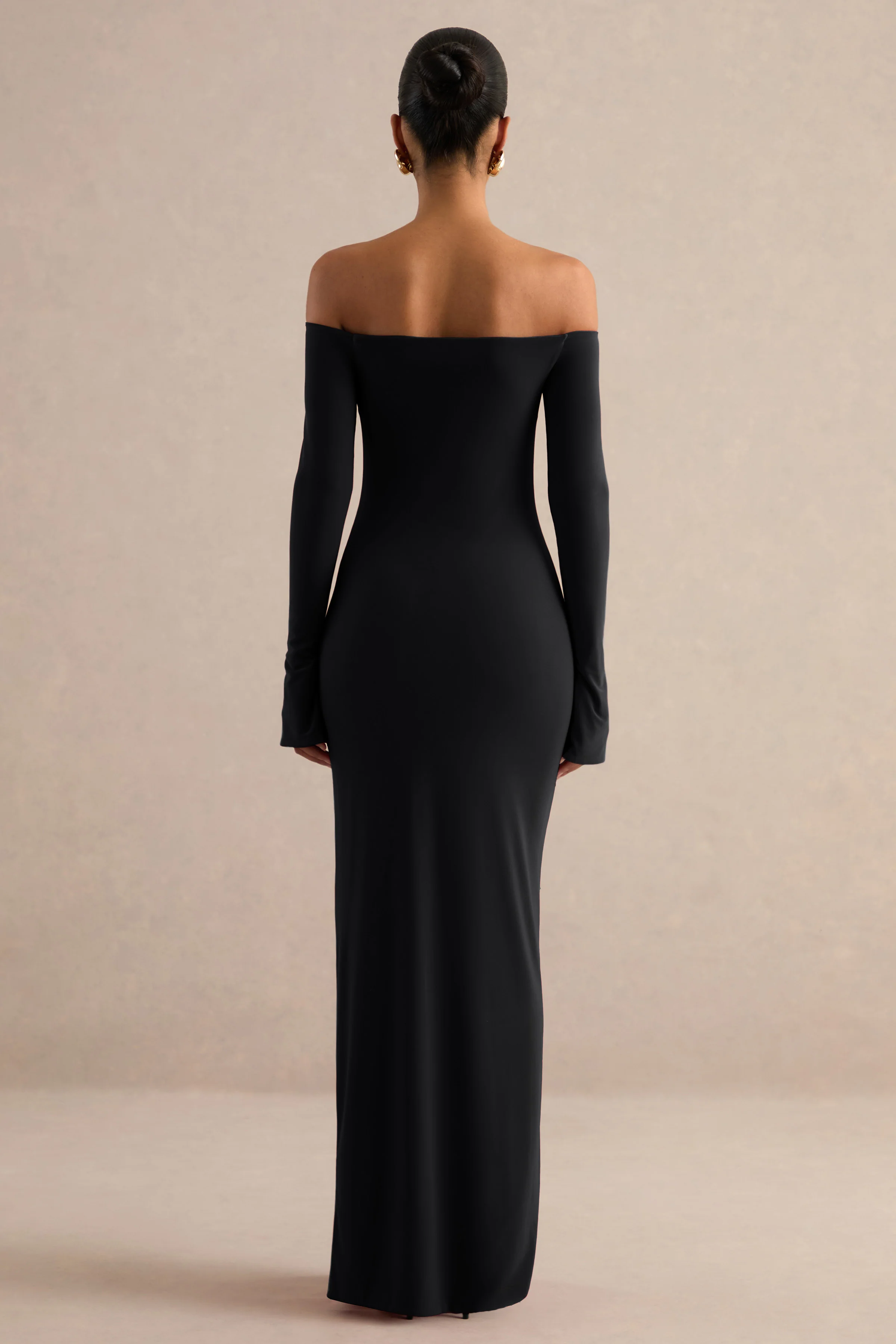 Liviae | Black Jersey Bardot Bell Sleeve Maxi Dress With Split